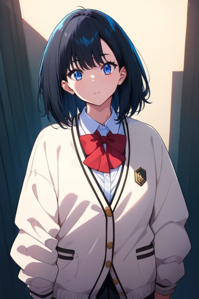 score_9, score_8_up,score_7_up, source_anime, 1girl, , solo,RikkaSSSGridman,white cardigan with black lines,bangs,lack mini shirt,red neck bow,white shirt,medium hair, blue eyes, black hair,