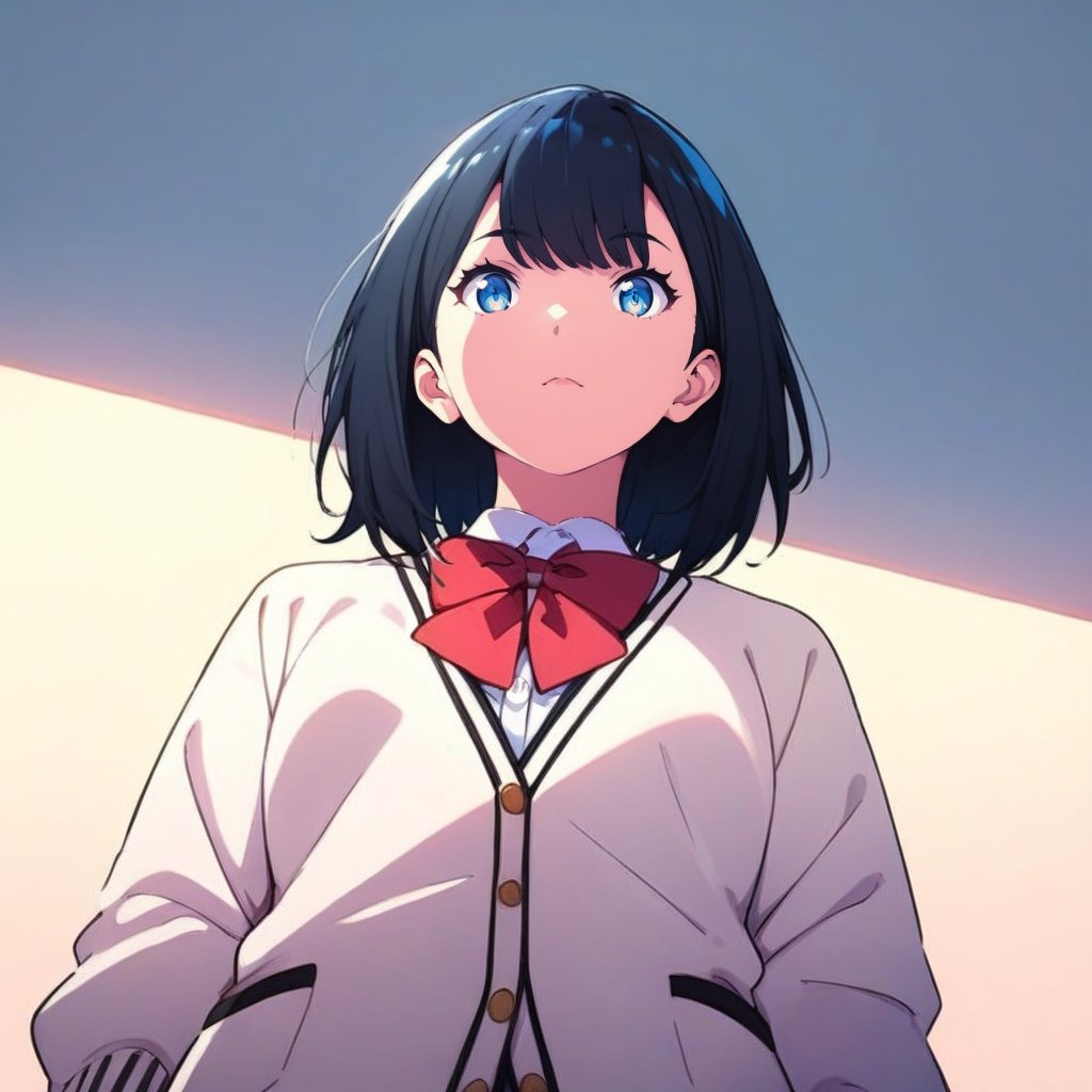 score_9, score_8_up,score_7_up, source_anime, 1girl, solo,RikkaSSSGridman,white cardigan with black lines,bangs, black shirt,red neck bow,white shirt,medium hair, blue eyes, black hair, from below, portrait,