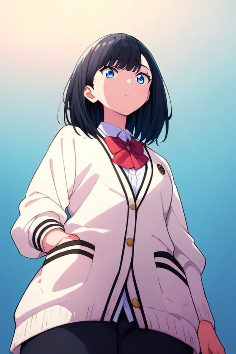 score_9, score_8_up,score_7_up, source_anime, 1girl, , solo,RikkaSSSGridman,white cardigan with black lines,bangs,lack mini shirt,red neck bow,white shirt,medium hair, blue eyes, black hair, from below