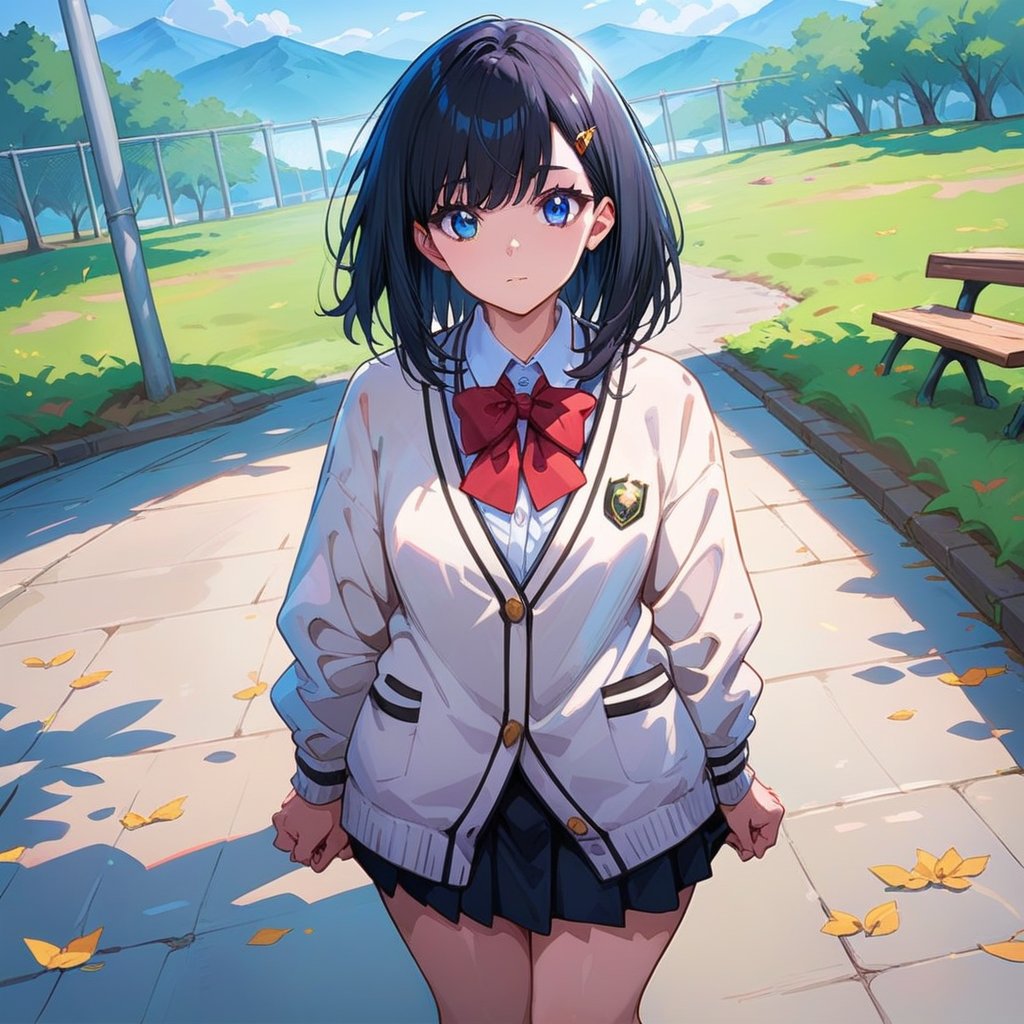 score_9, score_8_up,score_7_up, source_anime, 1girl, , solo,RikkaSSSGridman,white cardigan with black lines,bangs, red neck bow,white shirt,medium hair, blue eyes, black hair, full body, outdoors, school, black skirt,school crest on clothing, portrait,