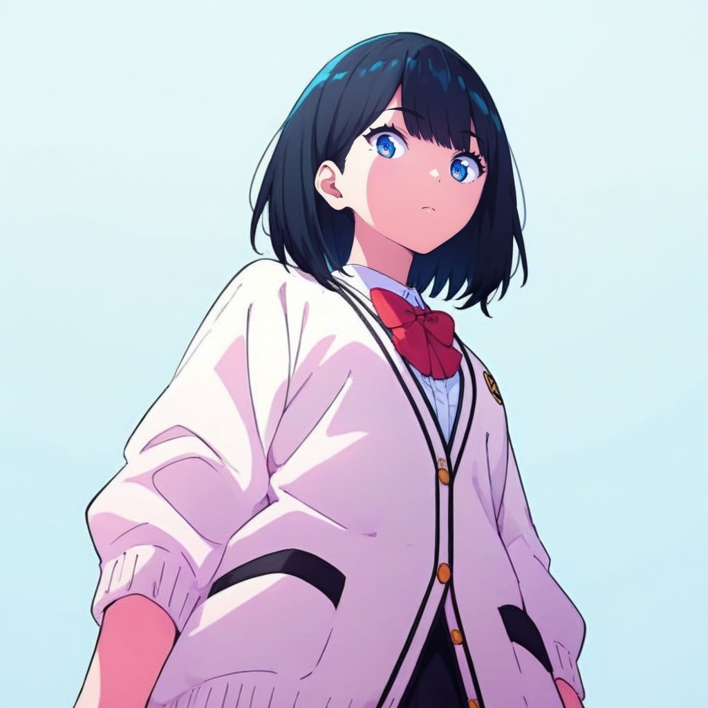 score_9, score_8_up,score_7_up, source_anime, 1girl, solo,RikkaSSSGridman,white cardigan with black lines,bangs,lack mini shirt,red neck bow,white shirt,medium hair, blue eyes, black hair, from below, portrait,