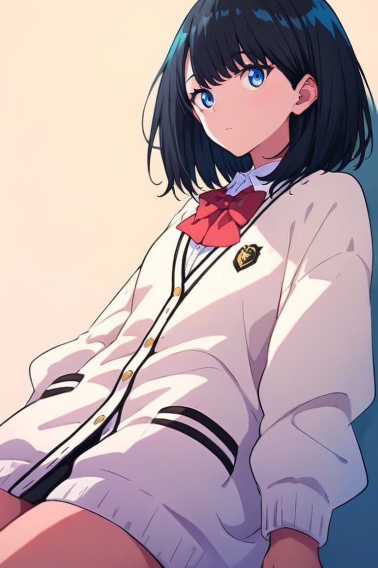 score_9, score_8_up,score_7_up, source_anime, 1girl, , solo,RikkaSSSGridman,white cardigan with black lines,bangs,lack mini shirt,red neck bow,white shirt,medium hair, blue eyes, black hair,