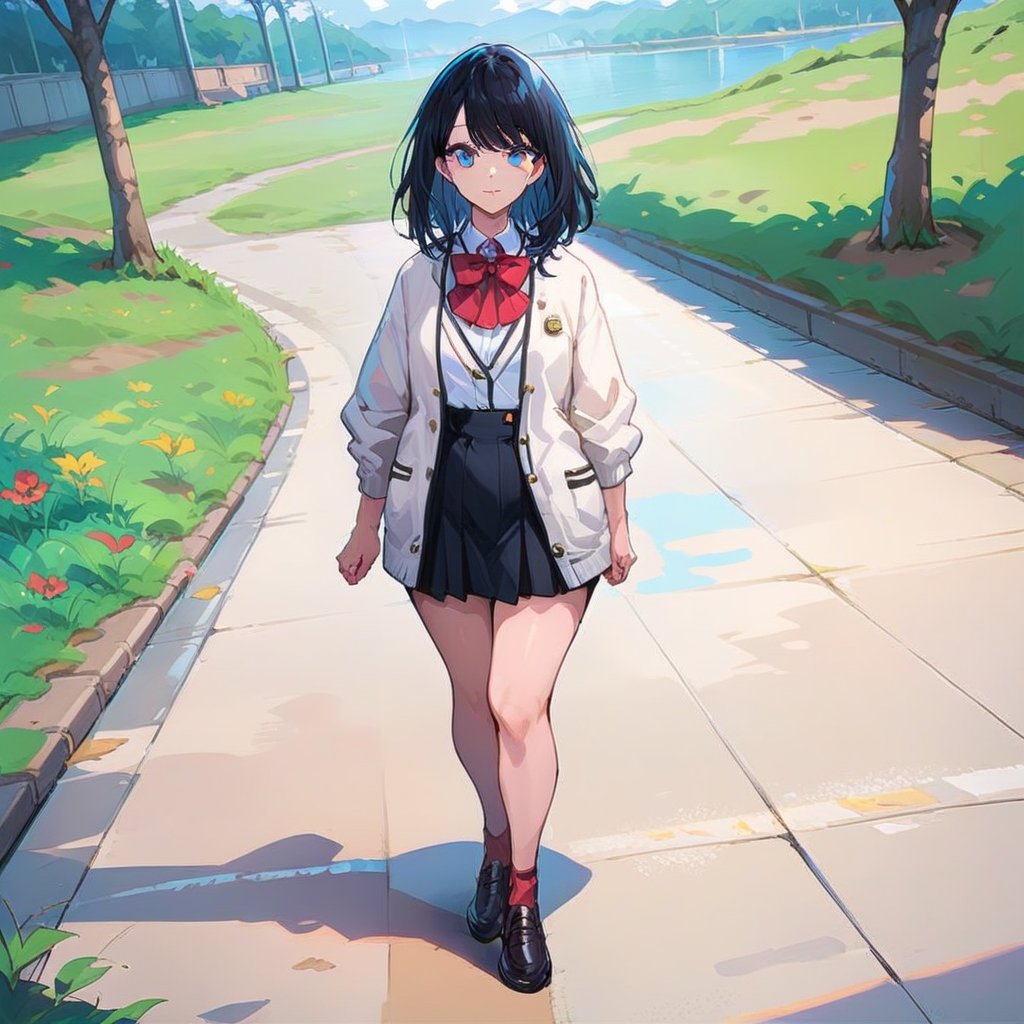 score_9, score_8_up,score_7_up, source_anime, 1girl, , solo,RikkaSSSGridman,white cardigan with black lines,bangs, red neck bow,white shirt,medium hair, blue eyes, black hair, full body, outdoors, school, black skirt,