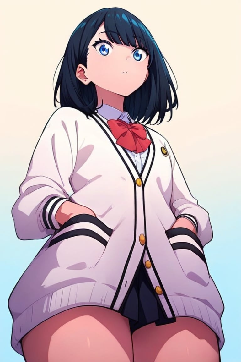 score_9, score_8_up,score_7_up, source_anime, 1girl, , solo,RikkaSSSGridman,white cardigan with black lines,bangs,lack mini shirt,red neck bow,white shirt,medium hair, blue eyes, black hair, from below