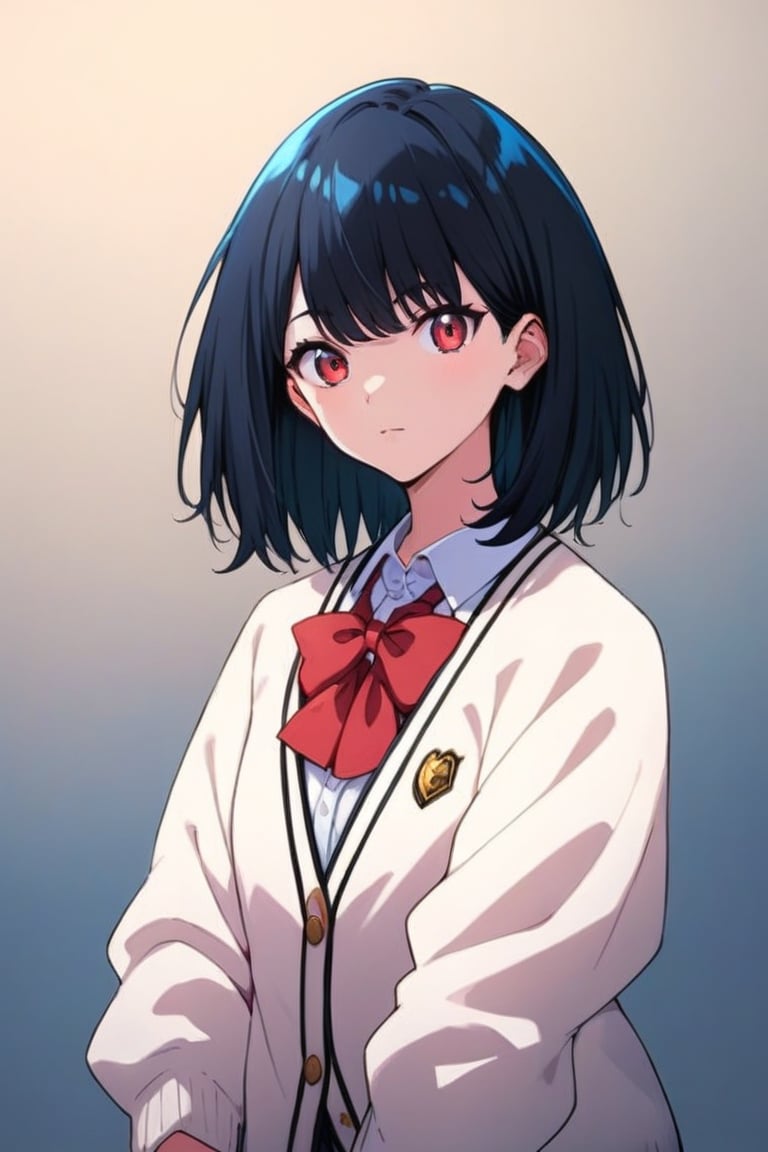 score_9, score_8_up,score_7_up, source_anime, 1girl, , solo,RikkaSSSGridman,white cardigan with black lines,bangs,lack mini shirt,red neck bow,white shirt,medium hair