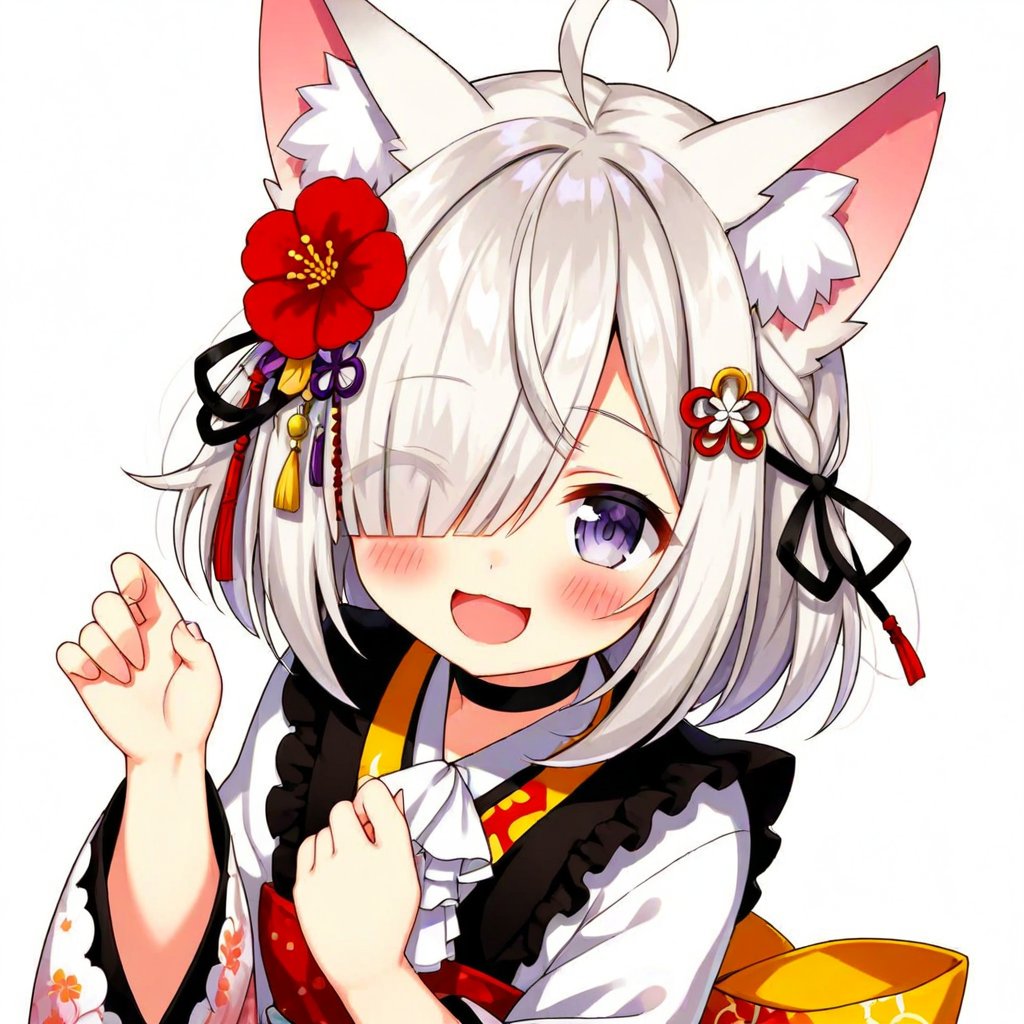 1girl, solo, looking at viewer, blush, smile, open mouth, bangs, skirt, simple background, shirt, hair ornament, long sleeves, white background, bow, ribbon, animal ears, hair ribbon, white shirt, flower, ahoge, white hair, frills, japanese clothes, choker, collared shirt, virtual youtuber, hair flower, wide sleeves, black skirt, kimono, hair over one eye, animal ear fluff, grey eyes, hands up, sash, ascot, black choker
,<lora:659095807385103906:1.0>