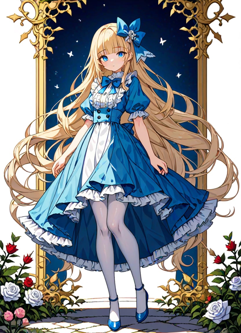 masterpiece,best quality,the alice in wonderland,solo,1girl,stading,full body,delicate face,white hair bow,blonde_hair,vely long hair,blunt_bangs,floating hair,looking_at_viewer,blue eyes,beautiful detailed eyes,white_frilled_dress,white pantyhose, puffy sleeves,skirt pleats,blue dress bow,rose,delicate details,