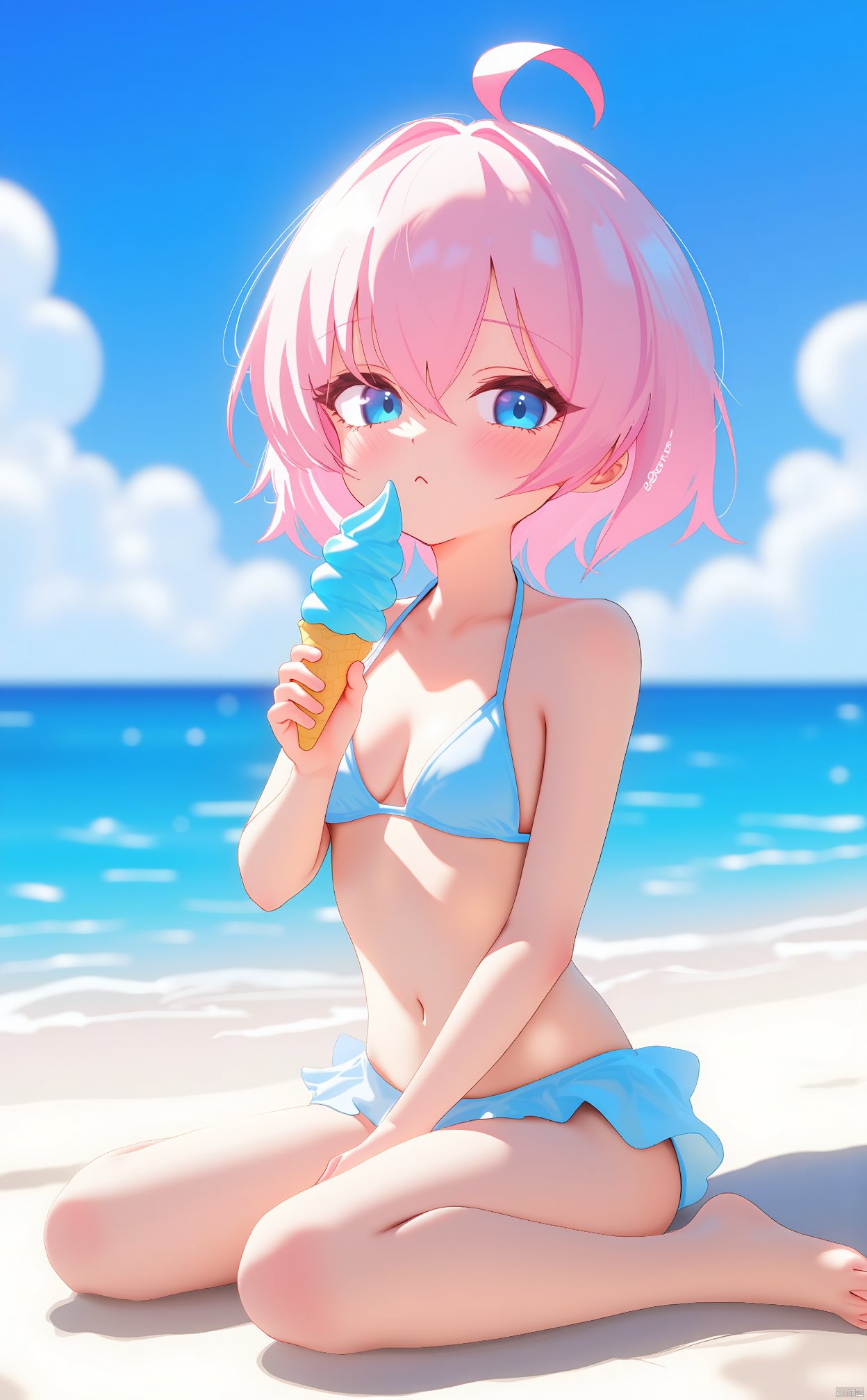 The image is an illustration of a young girl with pink hair and blue eyes sitting on a beach. She is wearing a blue bikini and is holding a blue ice cream cone in her hand. The girl is sitting on the sand with her legs crossed and her arms resting on her knees. The background shows a beautiful blue sky with white clouds and the ocean in the distance. The overall mood of the image is peaceful and serene.