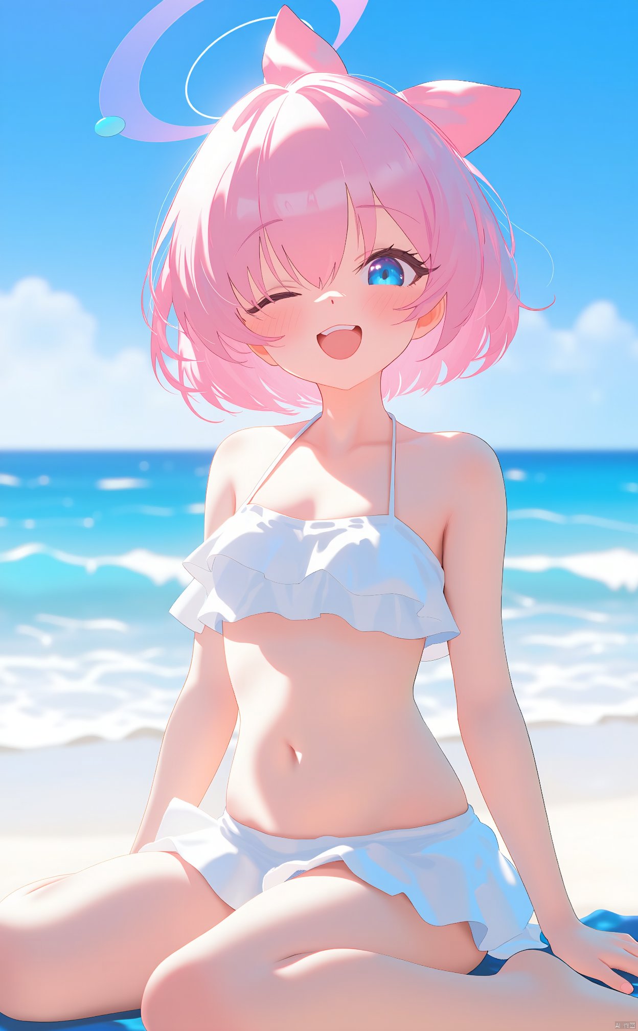 The image is an illustration of a young girl with pink hair and blue eyes. She is sitting on a beach with the ocean in the background. The girl is wearing a white bikini top with a ruffled skirt and has a pink bow on her head. She has a big smile on her face and is looking off to the side with a playful expression. The sky is blue and the ocean is a beautiful shade of blue with white waves crashing onto the shore. The overall mood of the image is cheerful and playful.