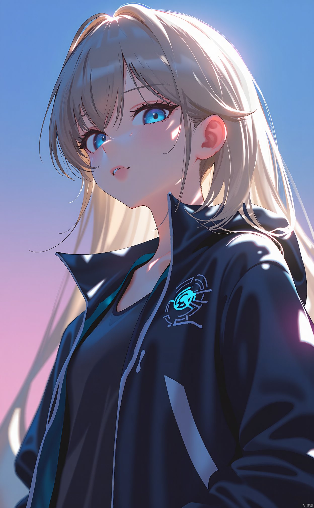 The image is a digital illustration of a young girl with long, straight blonde hair and blue eyes. She is wearing a black jacket with a futuristic design on it. The background is a gradient of blue and pink, with a hint of purple. The girl's face is turned to the side, with her eyes looking off into the distance. She has a serious expression on her face and her hair is styled in loose waves. The overall mood of the image is futuristic and edgy.