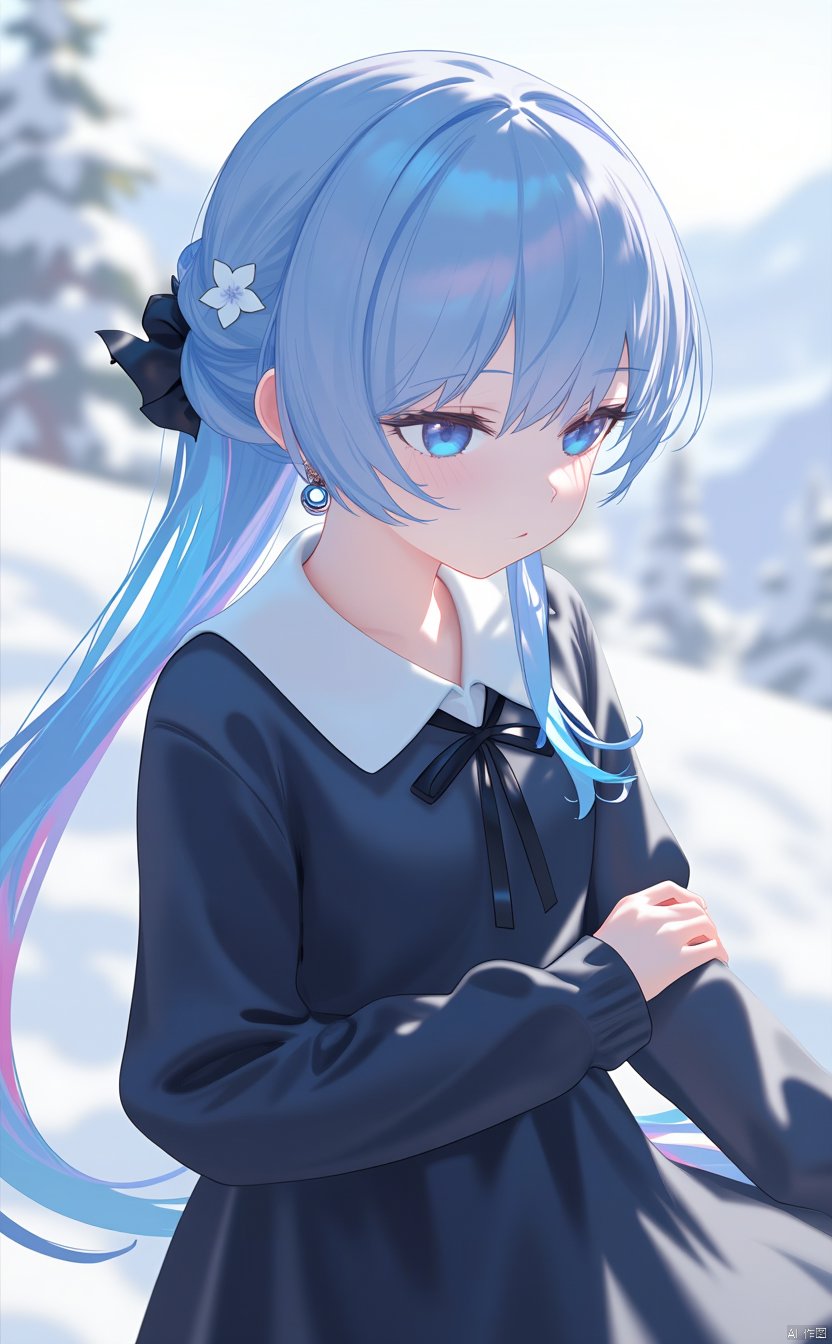 The image is a digital illustration of a young girl with long blue hair. She is wearing a black dress with a white collar and a black bow at the waist. Her hair is styled in loose waves and falls over her shoulders. She has a pair of earrings and a small flower in her hair. The background is blurred, but it appears to be a snowy landscape with trees and mountains in the distance. The girl is looking off to the side with a serious expression on her face. The overall mood of the image is peaceful and serene.