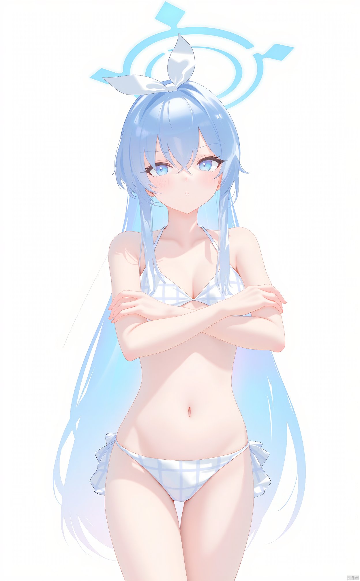 The image is an illustration of a young girl with long blue hair. She is wearing a plaid bikini and has her arms crossed in front of her chest. Her hair is styled in a half-up, half-down ponytail with a bow on top. She has a serious expression on her face and is looking off to the side. The background is white and there is a blue wave-like design on the right side of the image. The overall style of the illustration is anime-inspired.