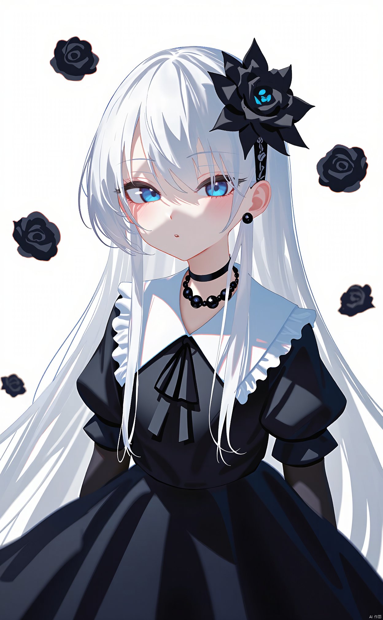 The image is an illustration of a young girl with long white hair and blue eyes. She is wearing a black dress with a white collar and a black necklace. Her hair is styled in a half-up, half-down style with a large black flower in the center. She has a pair of black earrings and a small black flower on her head. The background is white with black roses scattered around her. The overall mood of the image is dark and mysterious.