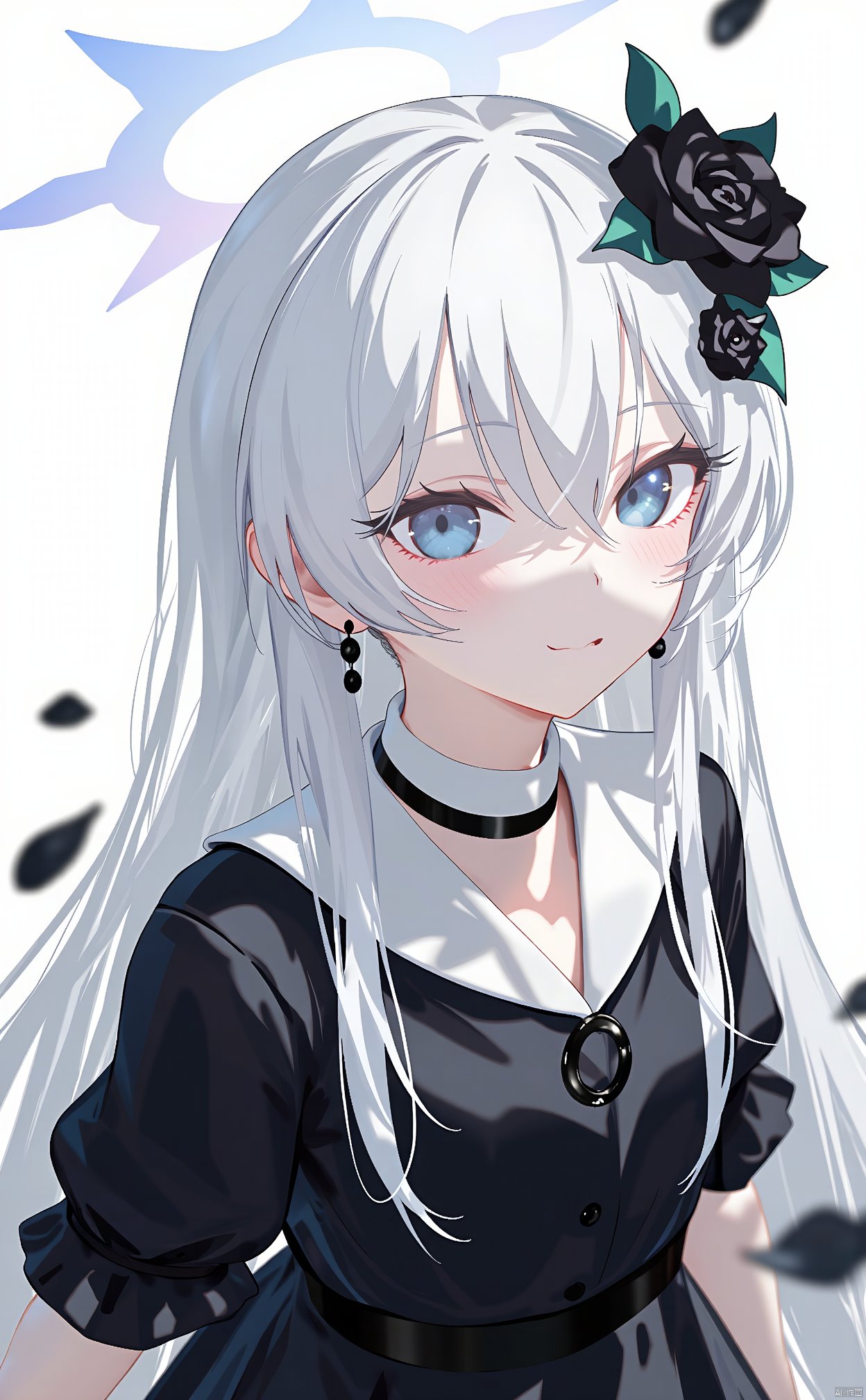 The image is an illustration of a young girl with long white hair and blue eyes. She is wearing a black dress with a white collar and a black necklace. Her hair is styled in a half-up, half-down style with a large black flower in the center. She has a pair of black earrings and a small black flower on her head. The background is white with black roses scattered around her. The overall mood of the image is dark and mysterious.