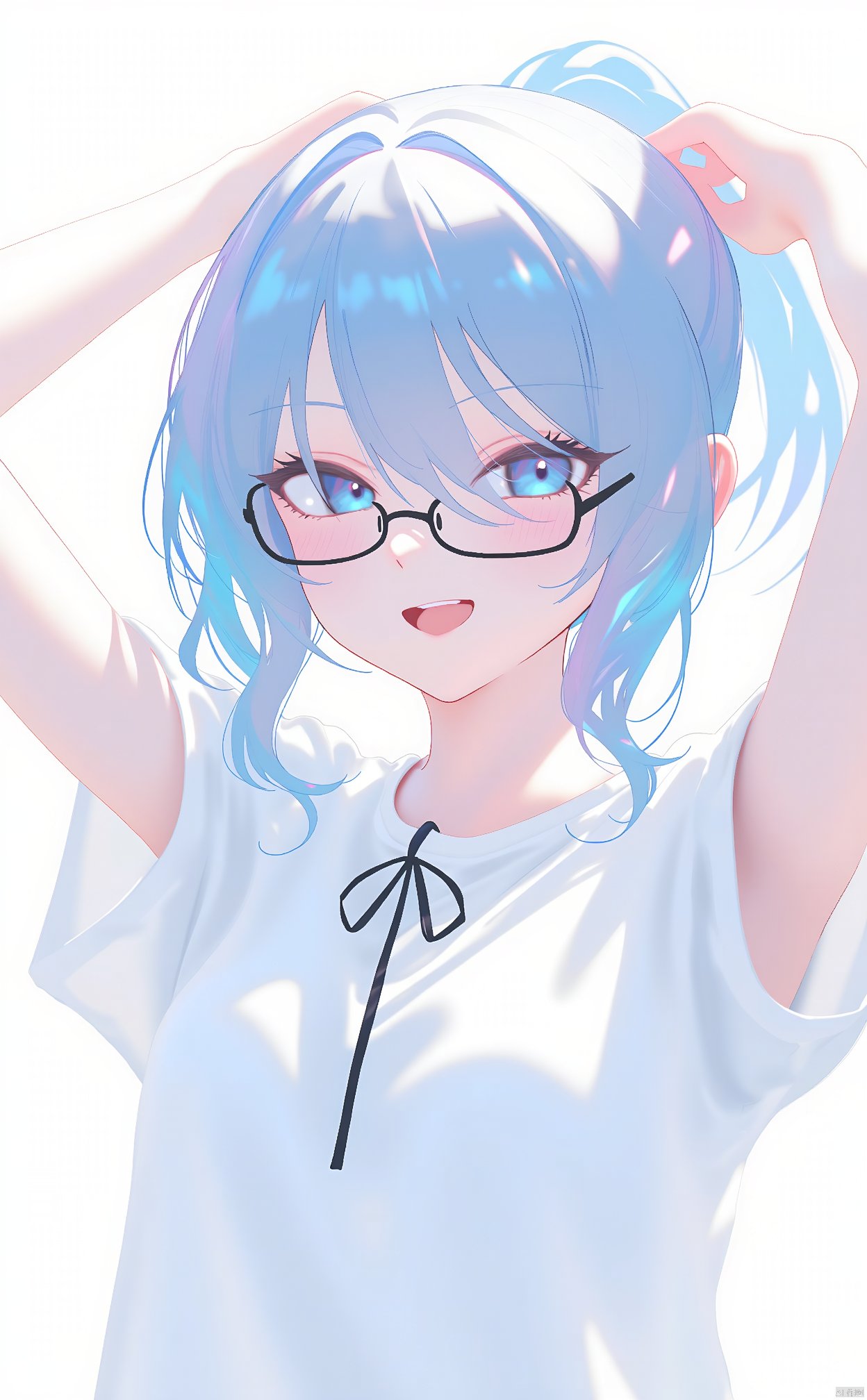 An animated image of a girl with blue hair and glasses. The girl is wearing a white t-shirt with a black tie around her neck. Her eyes are blue and her hair is wavy. Her arms are raised above her head. The background is white.