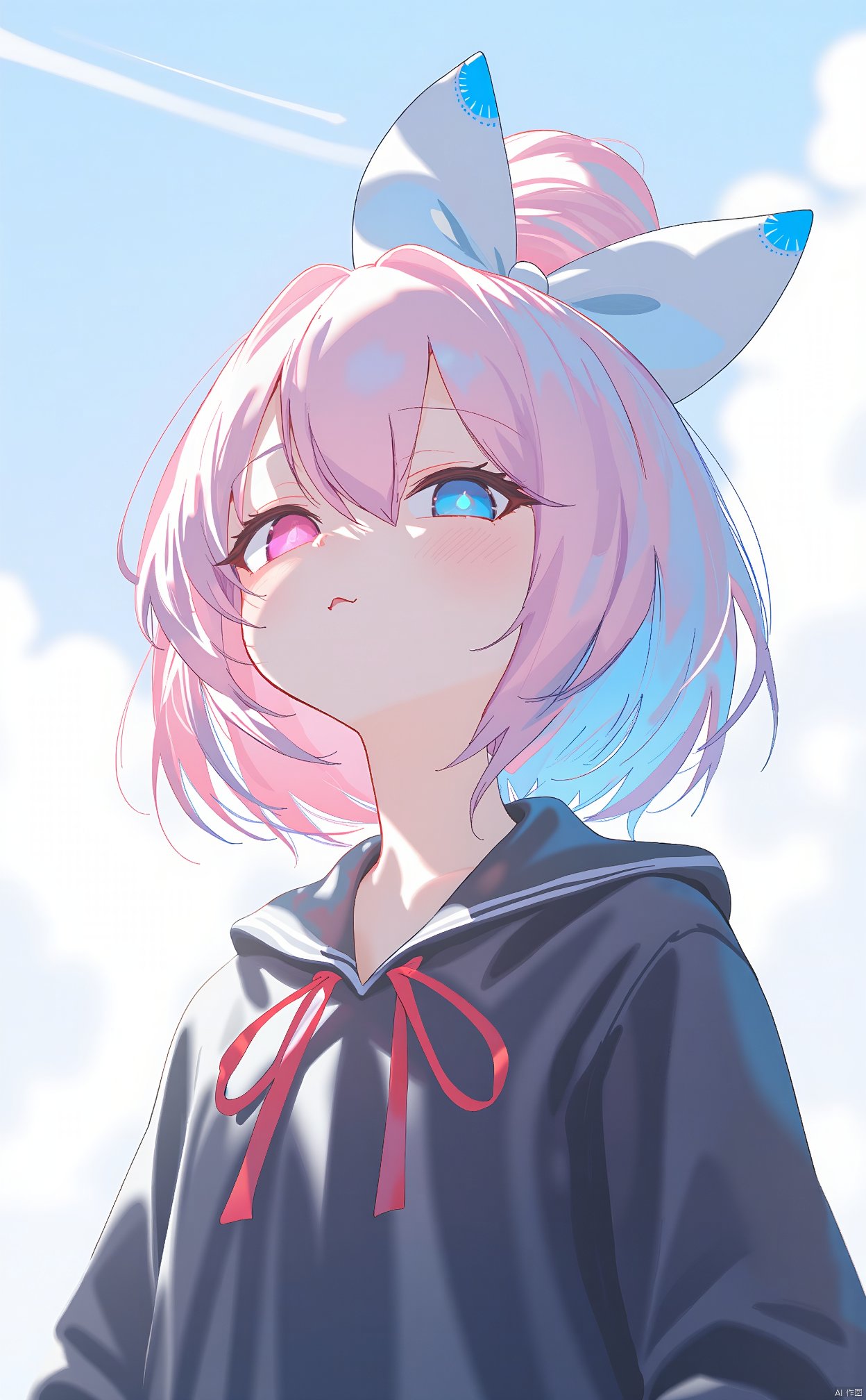 The image is an illustration of a young girl with pink and blue hair. She has a big bow on her head and is wearing a black jacket with a red ribbon tied around her neck. Her hair is styled in a messy bun with a blue bow on top. She is looking off to the side with a slight smile on her face. The background is a light blue sky with white clouds. The overall mood of the image is cheerful and playful.