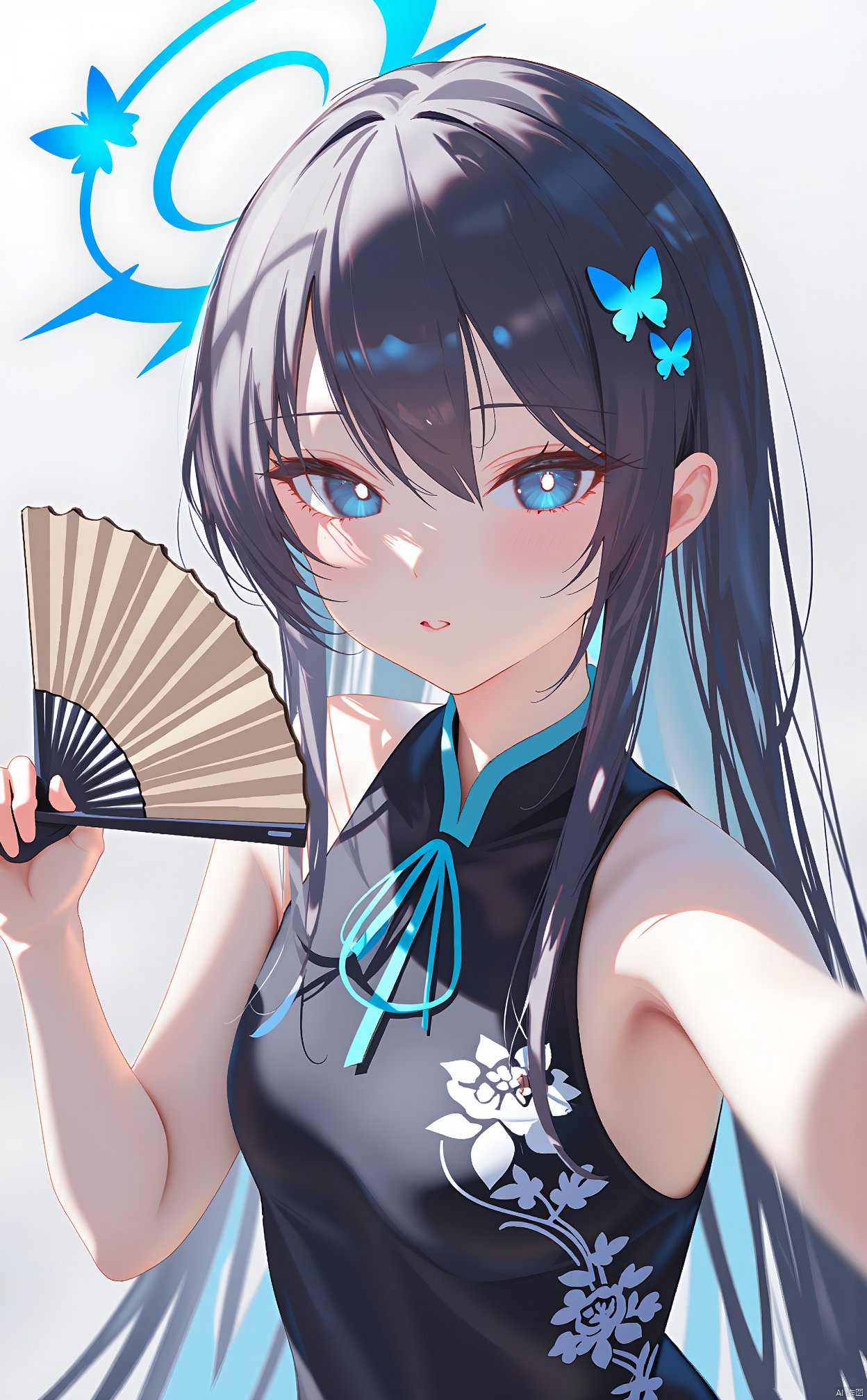 An animated image of a girl with long black hair and blue eyes. She is wearing a black sleeveless top with a blue ribbon tied around her neck. Her hair is pulled back in a ponytail and she is holding a fan in her right hand. The fan is a light brown color and has a black handle. There is a blue butterfly on the left side of her head.