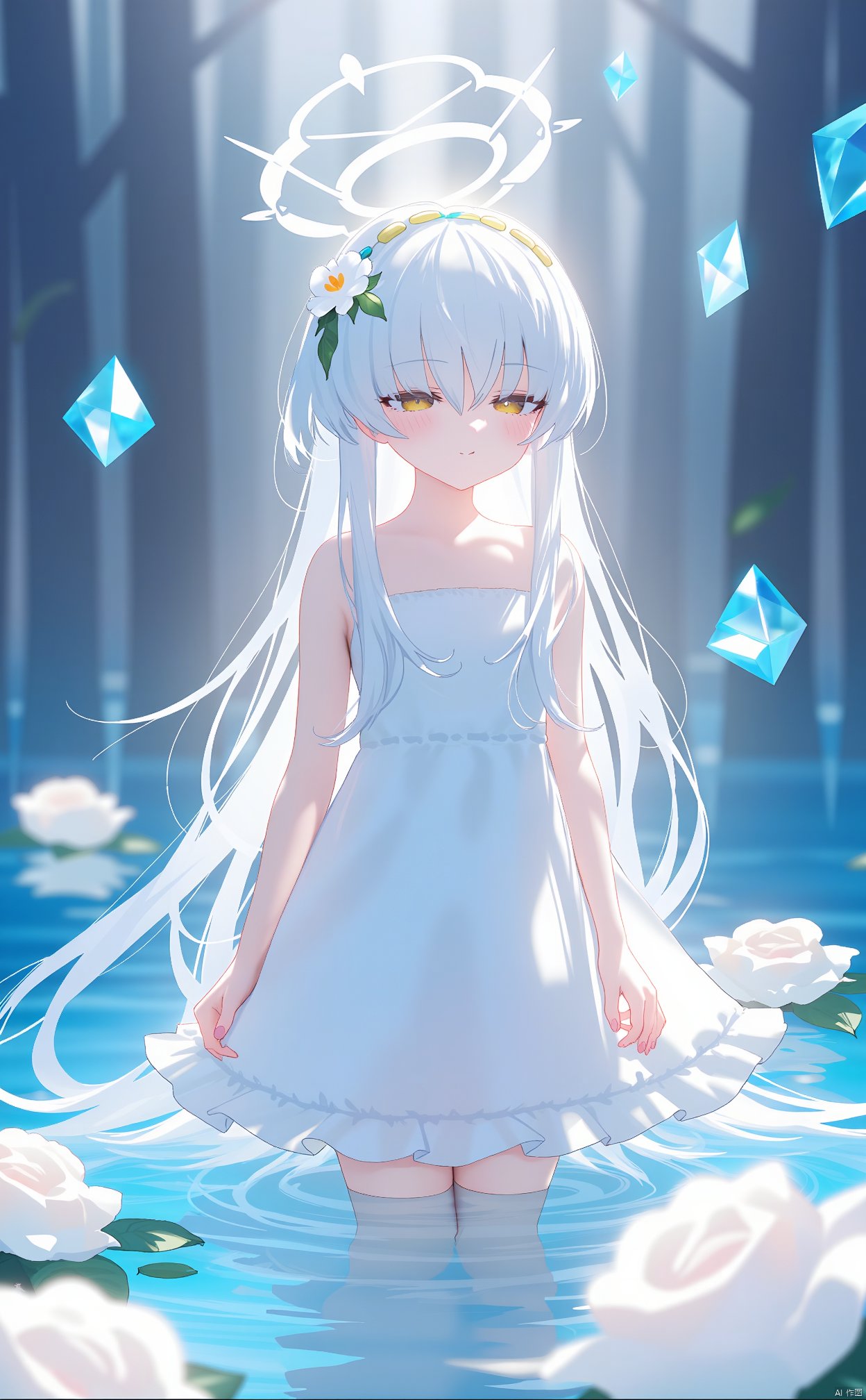 The image is an illustration of a young girl with long white hair and a flower crown on her head. She is wearing a white dress with a ruffled skirt and is standing in a body of water. The water is blue and there are several white roses floating around her. The girl is looking off to the side with a peaceful expression on her face. In the background, there are multiple blue diamonds falling from the sky. The overall mood of the image is serene and dreamy.