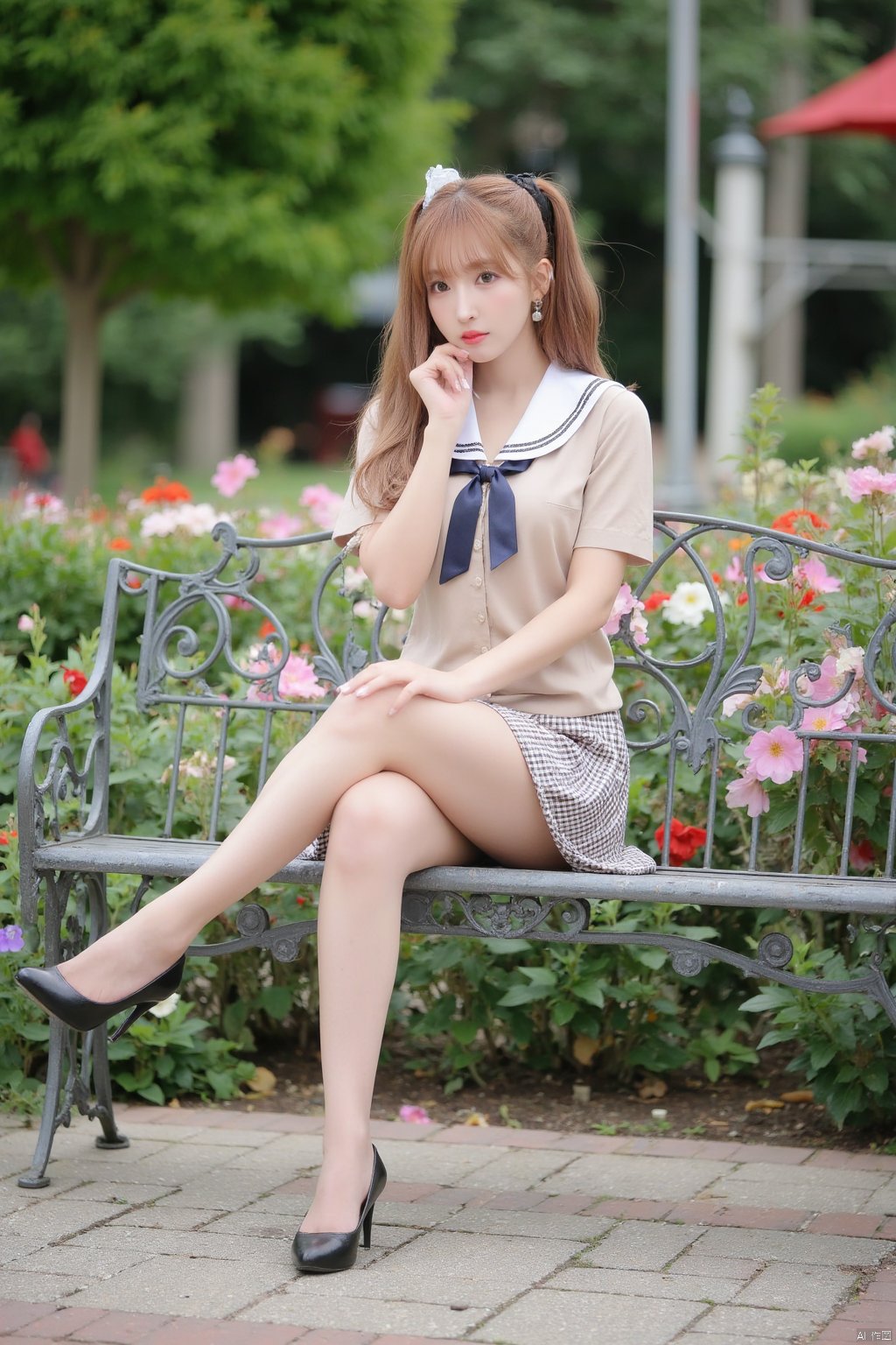 Masterpiece, best quality, amazing details, realistic photos, 1girl, ponytail, high quality fair skin, big breasts, school uniform, plaid skirt, (shiny pantyhose), panties, long legs, high heels , full body, garden, flowers, bench, sitting,