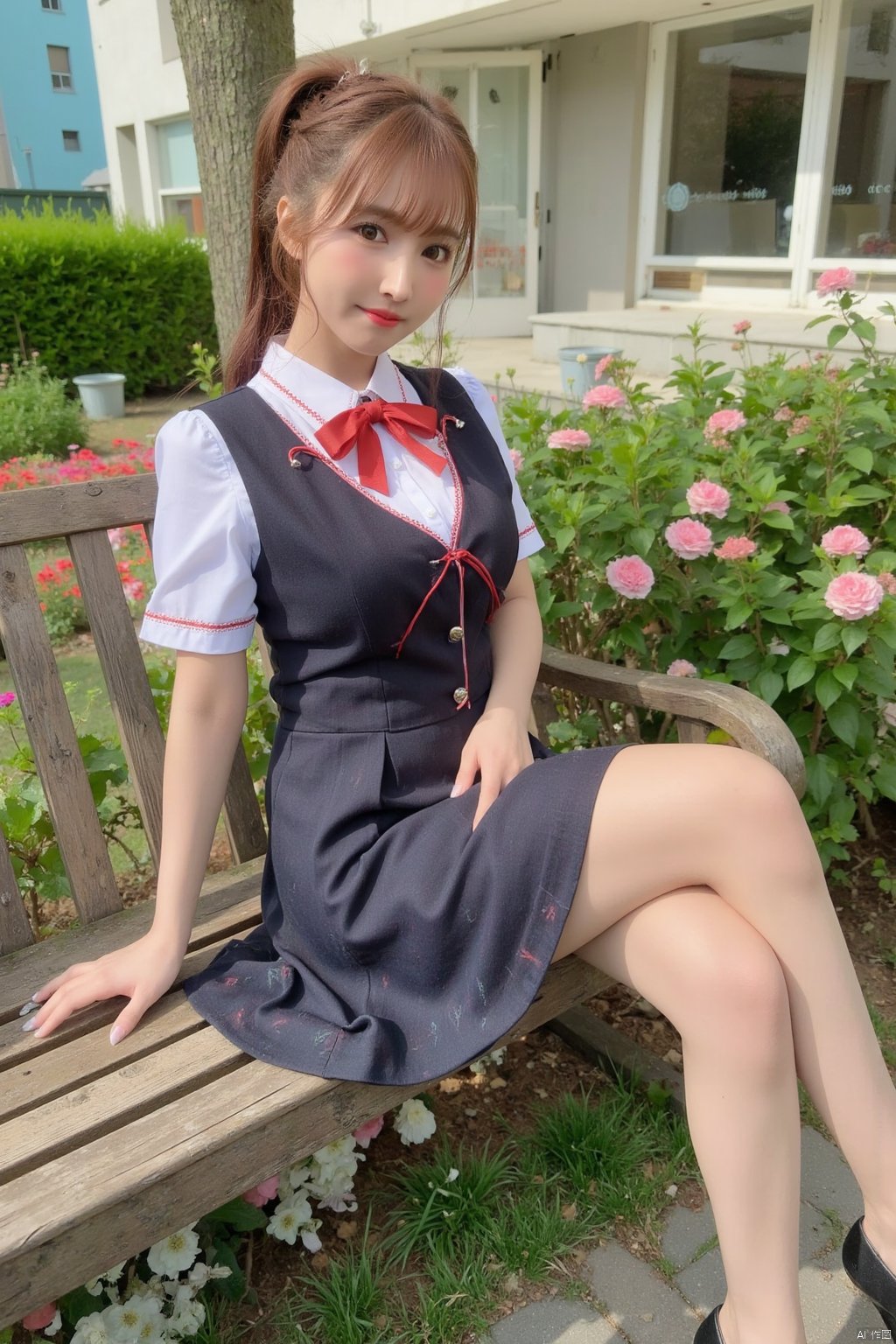 Masterpiece, best quality, amazing details, realistic photos, 1girl, ponytail, high quality fair skin, big breasts, school uniform, pencil skirt, (shiny pantyhose), panties, long legs, high heels , full body, garden, flowers, bench, sitting,