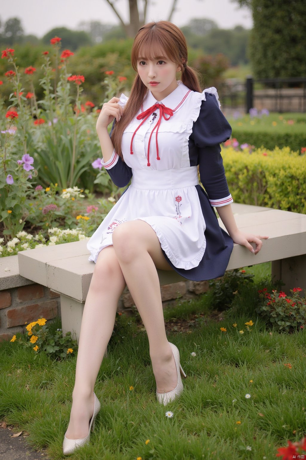 Masterpiece, best quality, amazing details, realistic photos, 1girl, ponytail, high quality fair skin, big breasts, maid, (shiny pantyhose), panties, long legs, high heels , full body, garden, flowers, bench, sitting,