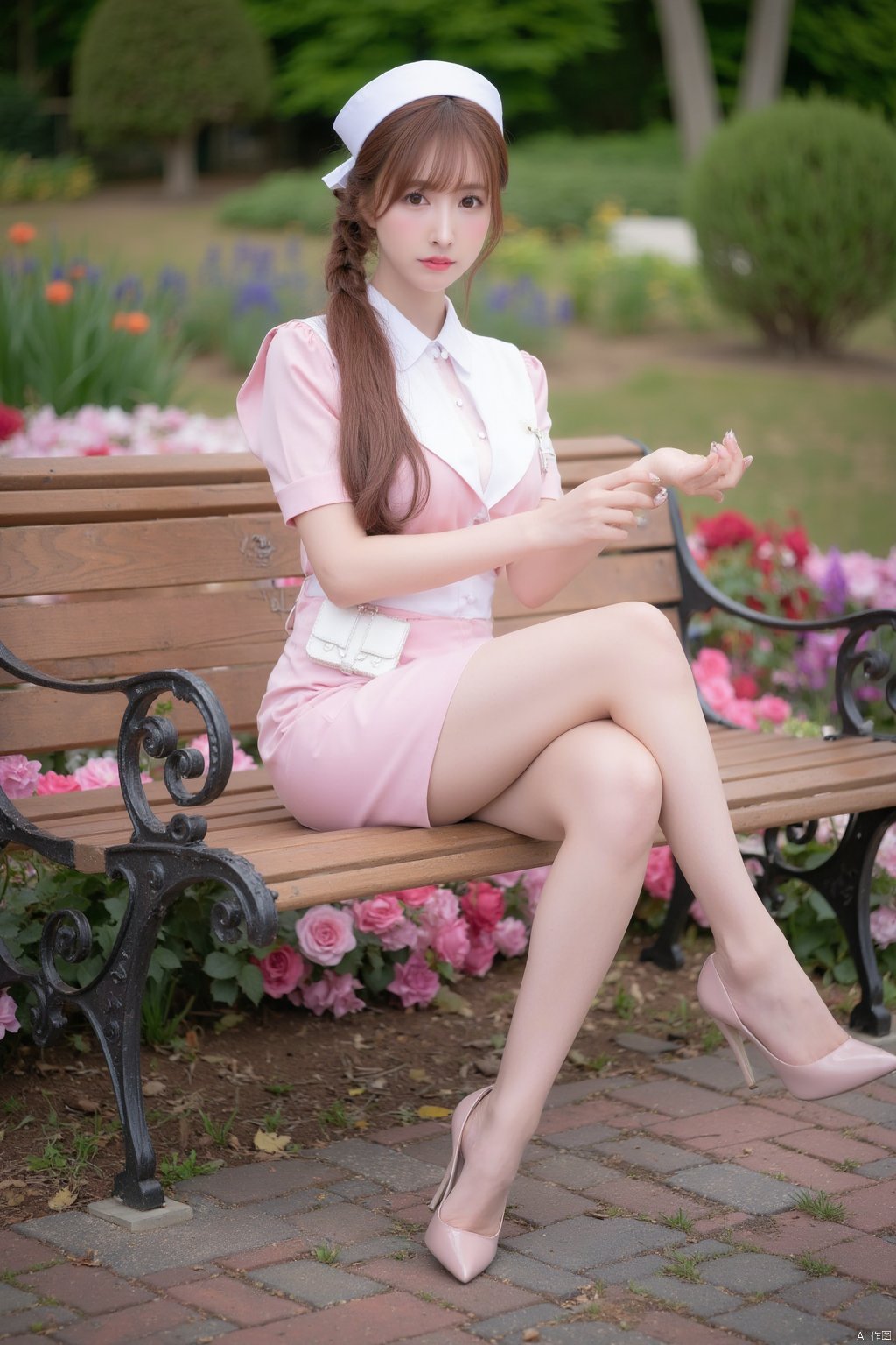 Masterpiece, best quality, amazing details, realistic photos, 1girl, ponytail, high quality fair skin, big breasts, nurse, pencil skirt, (shiny pantyhose), panties, long legs, high heels , full body, garden, flowers, bench, sitting,