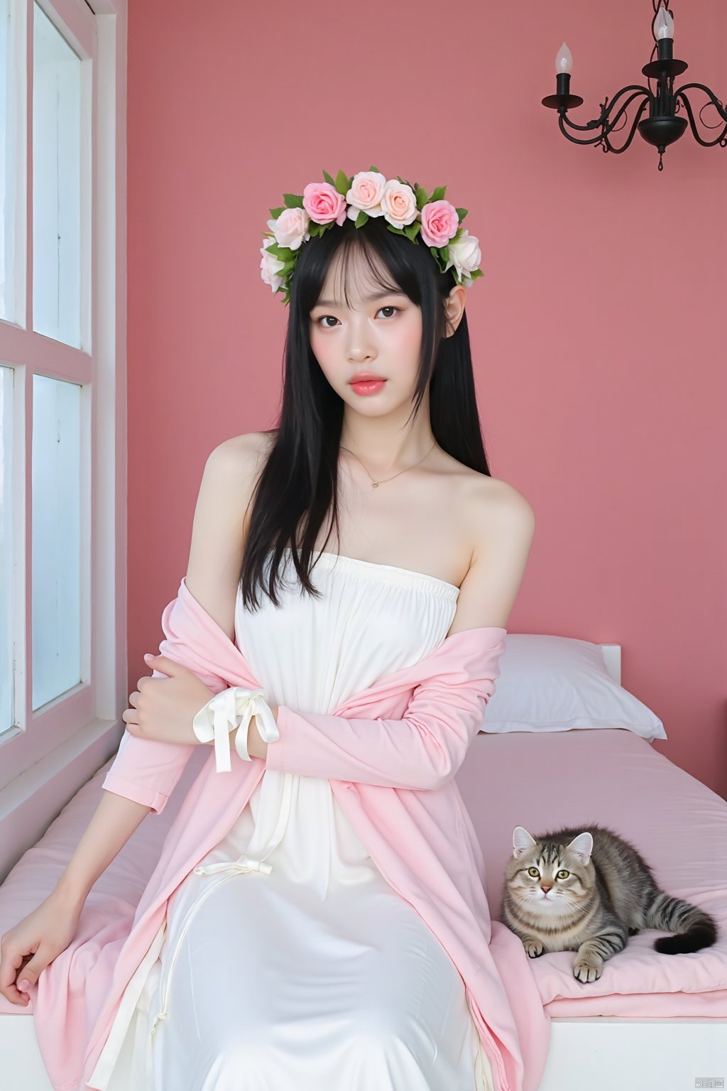 A young Asian woman wearing a flower wreath,a woman,dressed in a white strapless dress,there's a fluffy kitten next to it,Her right arm is draped in a light pink frock,adorned with a white ribbon. The woman's left arm is positioned in front of a white bed with a pink bedspread on it,adding a touch of color to the scene. The backdrop,a pink wall,is adorned with white windows,creating a stark contrast to the woman's white dress. A chandelier is adorned in the upper right corner of the frame, dopamine,full body, photography,flower shadow,hanni