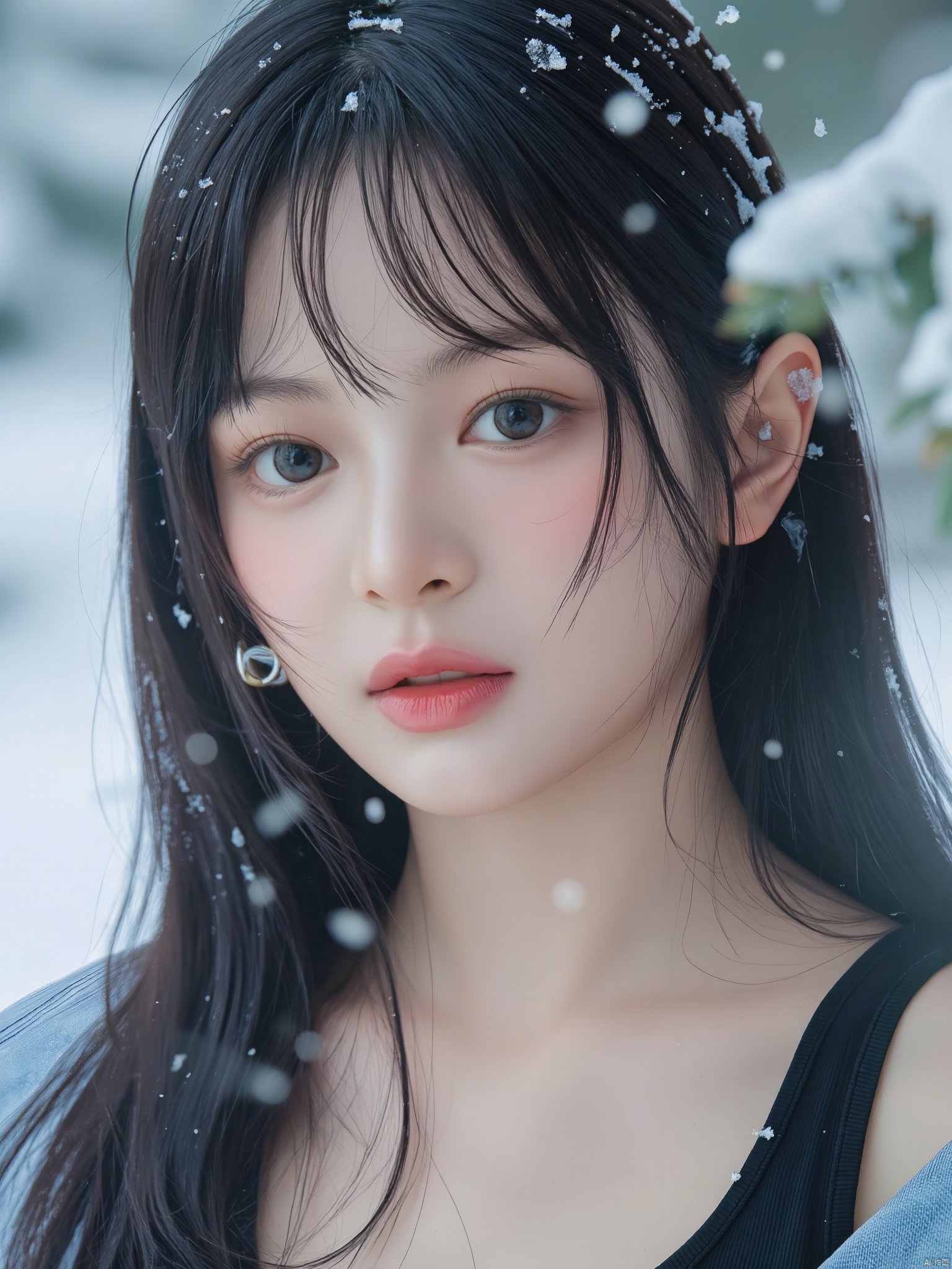 snowy,luoxue,best quality,high resolution,unity 8k wallpaper,(illustration:1),perfect lighting,extremely detailed CG,finely detail,extremely detailed,soft lighting and shadow,soft yet striking lighting,film grain:1.2,(skin pores:1.2),(detailed skin texture:1),((solo:1.5)),Detailed face,(see-through:1.1),misty,Low Key:1.1,depth of field,Stylish Summer Fashion: A Model in a Denim Jacket and Black tankTop,Accessorized with Earrings.,hanni