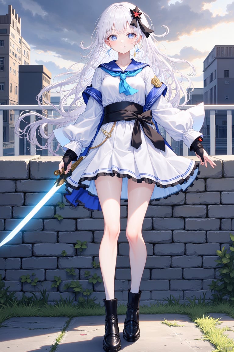 An animated image of a girl with long white hair and blue eyes. She is wearing a white and blue dress with a black belt around her waist. She has black boots on her feet and black gloves on her hands. Her hair is blowing in the wind and she is holding a sword in her right hand. The sword is a bright blue color. Behind her is a gray brick wall with green grass growing on it. Behind the wall is a white fence and behind the fence are buildings. The sky is filled with dark gray clouds.
