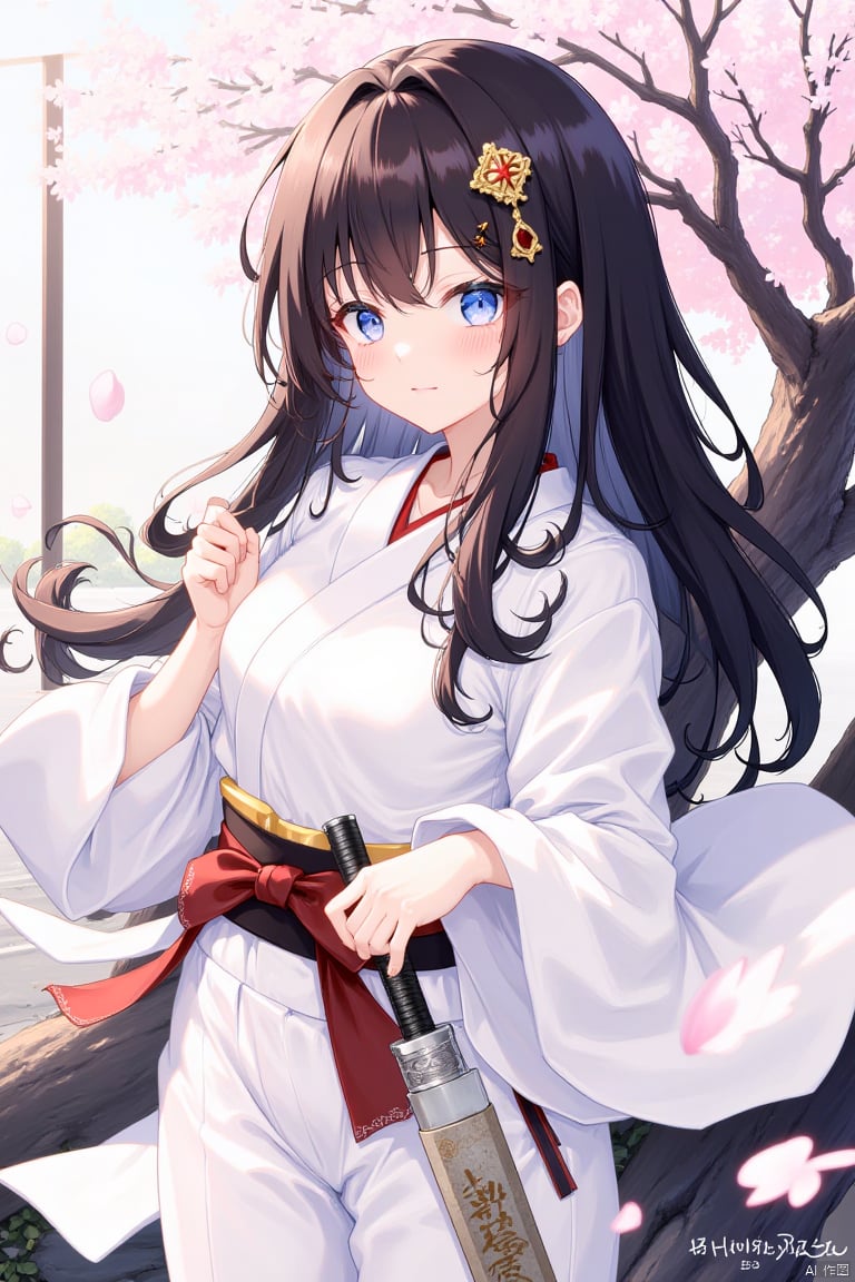 A girl with long dark brown hair, wearing a white kimono, adorned with a brown belt and a red bow. She is holding a sword in her right hand, with her left hand resting on the handle of the sword. Her eyes are a piercing blue, adding a pop of color to the scene. The background is blurred, revealing a tree with pink flowers.
