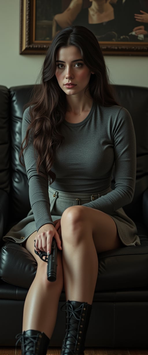 ,(ultra realistic,32k, masterpiece:1.2),(high detailed skin:1.1),( high quality:1.1), (masterpiece, best quality), best quality, masterpiece, photorealistic, ultrarealistic, professional photograph shot on Canon EOS R6, More detail,)  a woman is seated on a black leather couch. She is dressed in a gray long-sleeved t-shirt, a gray skirt, and black boots with black laces. Her long, dark brown hair is cascading down her shoulders, framing her face. She's holding a black gun in her right hand, and her left hand is resting on the couch. In the background, a wall with a painting of a man and a woman can be seen.,jisosmile,ct-identity,vntgfnts style,low quality 1980 movie screengrab,lowres,cinematic,film grain,blurry,ct-skyzo_identity,ct-rosity,ct-smeraldity,ct-hyuntity,ct-chainb