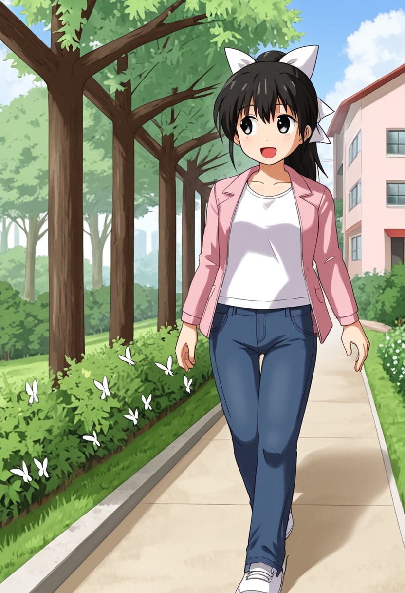 1girl, solo, tsubasadtkw, black hair, black eyes, ponytail, white bow, hair bow, pink jacket, white shirt, jeans, walking, outdoors, garden, trees, butterflies, looking away, open mouth, smile