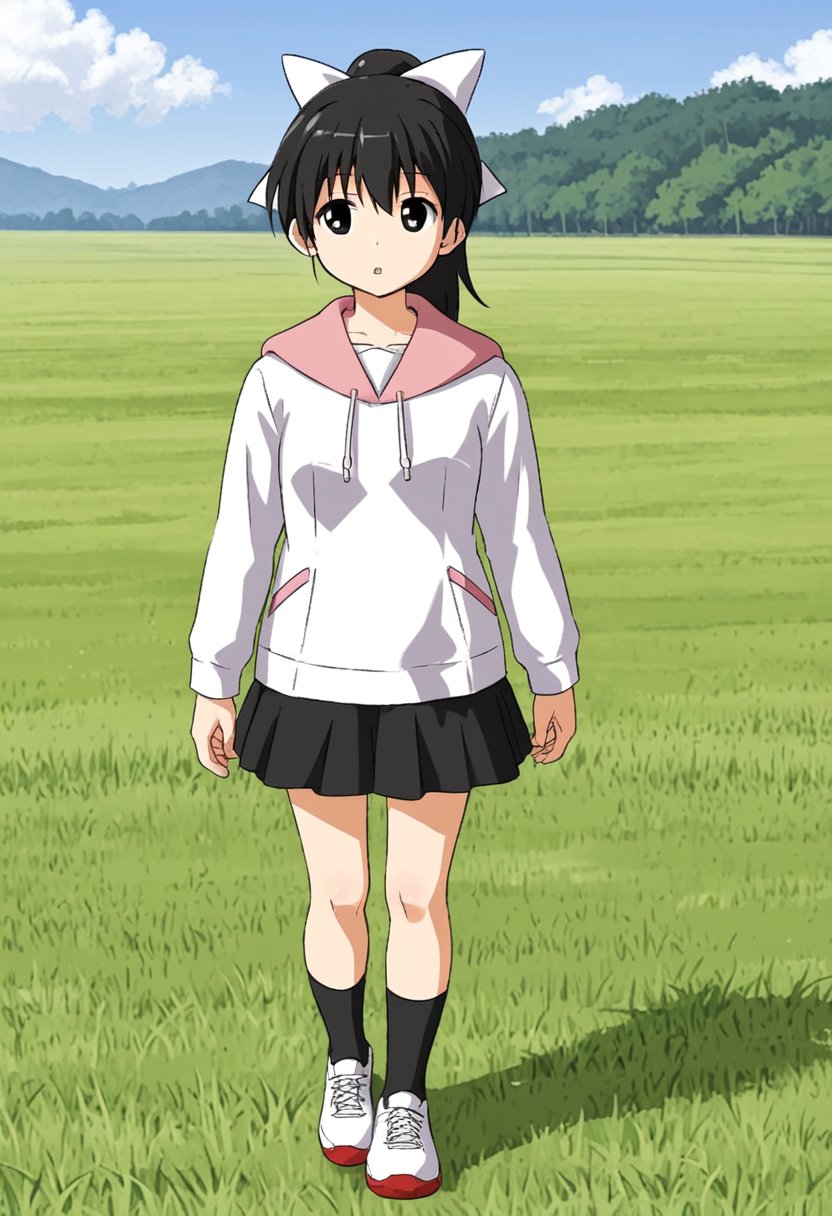 1girl, solo, tsubasadtkw, black hair, black eyes, ponytail, hair bow, white shirt, hoodie, black skirt, black socks, shoes, outdoors, meadow, grass field, standing, parted lips, facing the viewer, full body