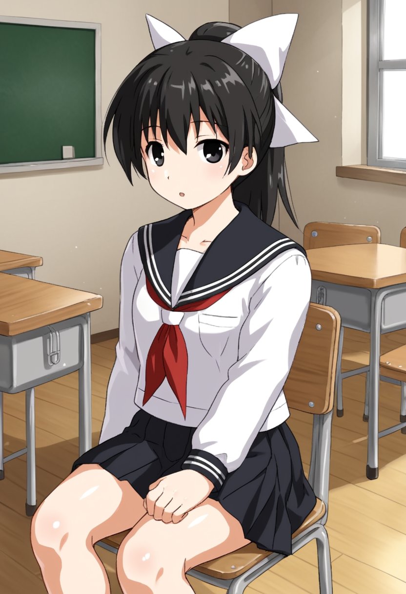 1girl, solo, tsubasadtkw, black hair, black eyes, ponytail, white bow, hair bow, white shirt, long sleeves, serafuku, neckerchief, skirt, school uniform, indoors, classroom, sitting, chair, looking at viewer, parted lips