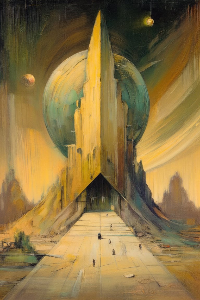 "Create a minimalist image in the style of landscape art and art nouveau, using a dry brush technique and emphasizing the vastness of Paul Chadeisson's designs and the style of René Magritte.", "The scene is set at sunset, with warm, golden hues casting a gentle glow over the architecture, enhancing the tranquil and refined atmosphere. Depict a vast, expansive space scene with breathtaking scale against a grand, immersive outer space background. Feature a massive structure that features simplified forms and geometric shapes, emphasizing clean lines and smooth surfaces. A restrained color palette with neutral tones and minimal accents creates a cohesive and sophisticated look. Unnecessary embellishments are removed, focusing on functionality and clarity. Increased negative space provides a sense of airiness and lightness. High-quality, natural materials with simple finishes add elegance. Proportion and balance ensure harmony, while subtle textures and details add depth without overwhelming the design's simplicity.", "People walking"
