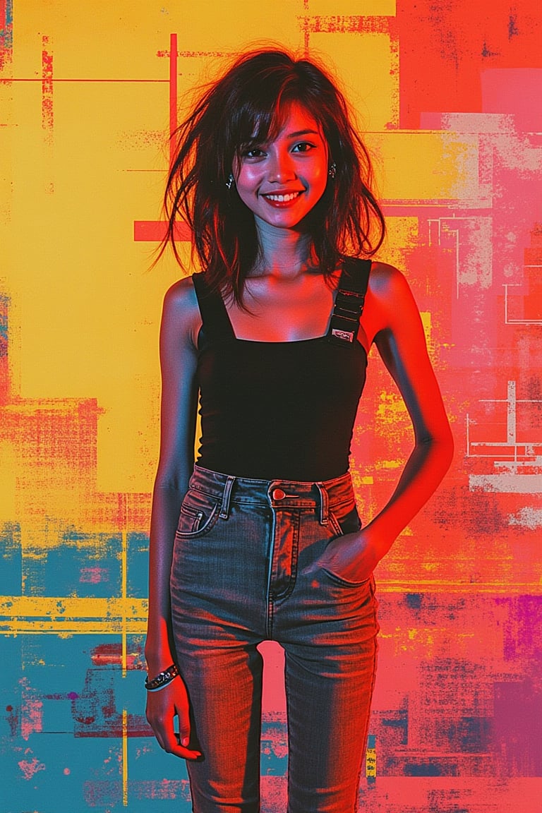 A mixed media composition featuring a smiling girl, framed mid-shot with soft, warm lighting. The girl stands in a vibrant, abstract background, her pose relaxed with one hand on her hip. The composition blends digital and traditional elements, with bold colors and dynamic textures.