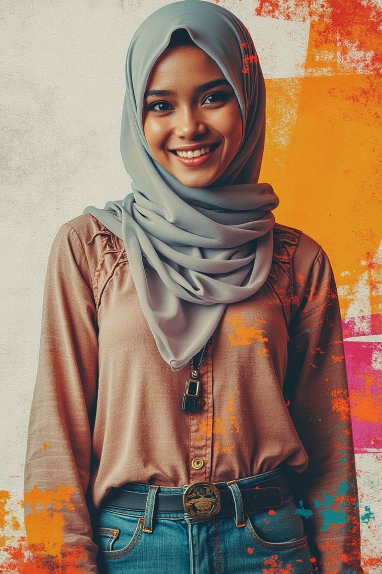 A mixed media portrait of a Malay woman, framed mid-shot, with a plain long hijab and a happy face. She wears a loose blouse and denims, standing in a soft, natural light setting. The composition combines digital and traditional elements, featuring vibrant colors and intricate textures.