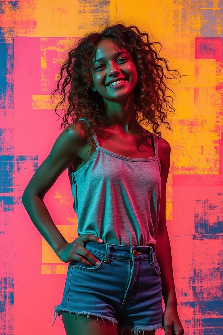 A mixed media composition featuring a smiling girl, framed mid-shot with soft, warm lighting. The girl stands in a vibrant, abstract background, her pose relaxed with one hand on her hip. The composition blends digital and traditional elements, with bold colors and dynamic textures.