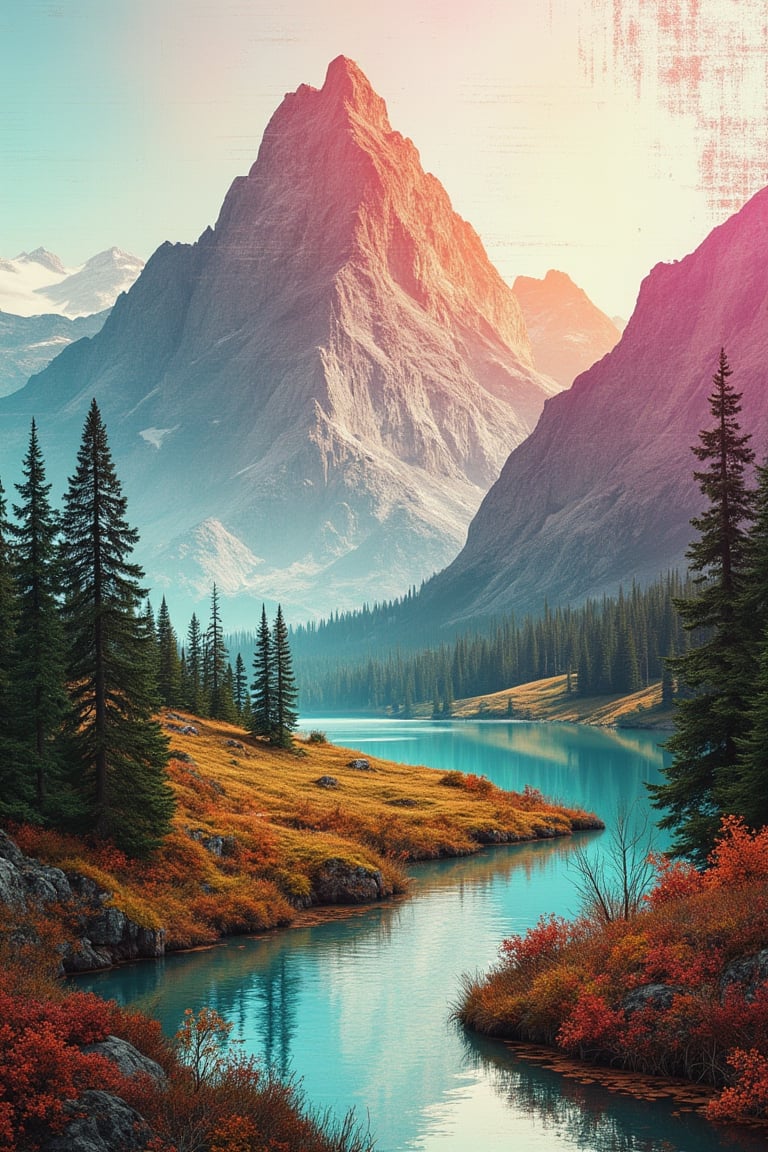 A mixed media landscape featuring a towering mountain, a solitary tree, and a winding river, framed wide-angle with soft, natural lighting. The composition blends digital and traditional elements, with rich textures and vibrant colors, capturing the serene beauty of the scene.