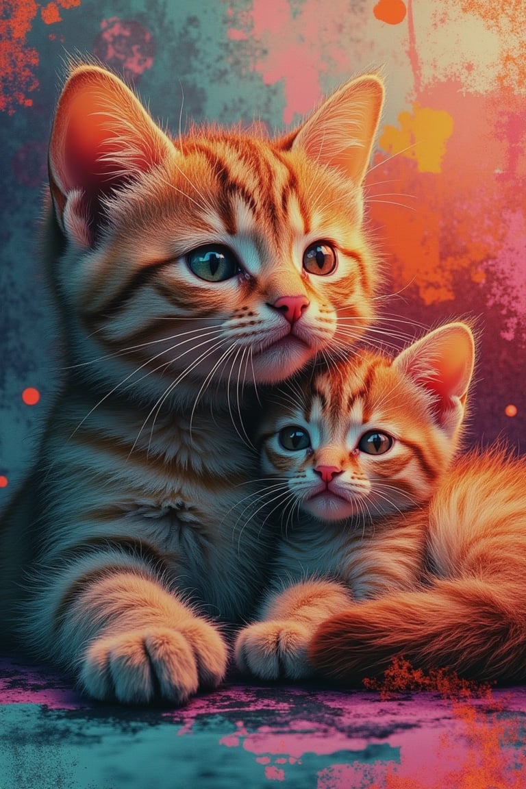 A mixed media composition featuring a cat with a kitten, framed close-up with soft, warm lighting. The cat and kitten are nestled together, their fur detailed with intricate textures. The background is abstract and vibrant, blending digital and traditional elements.