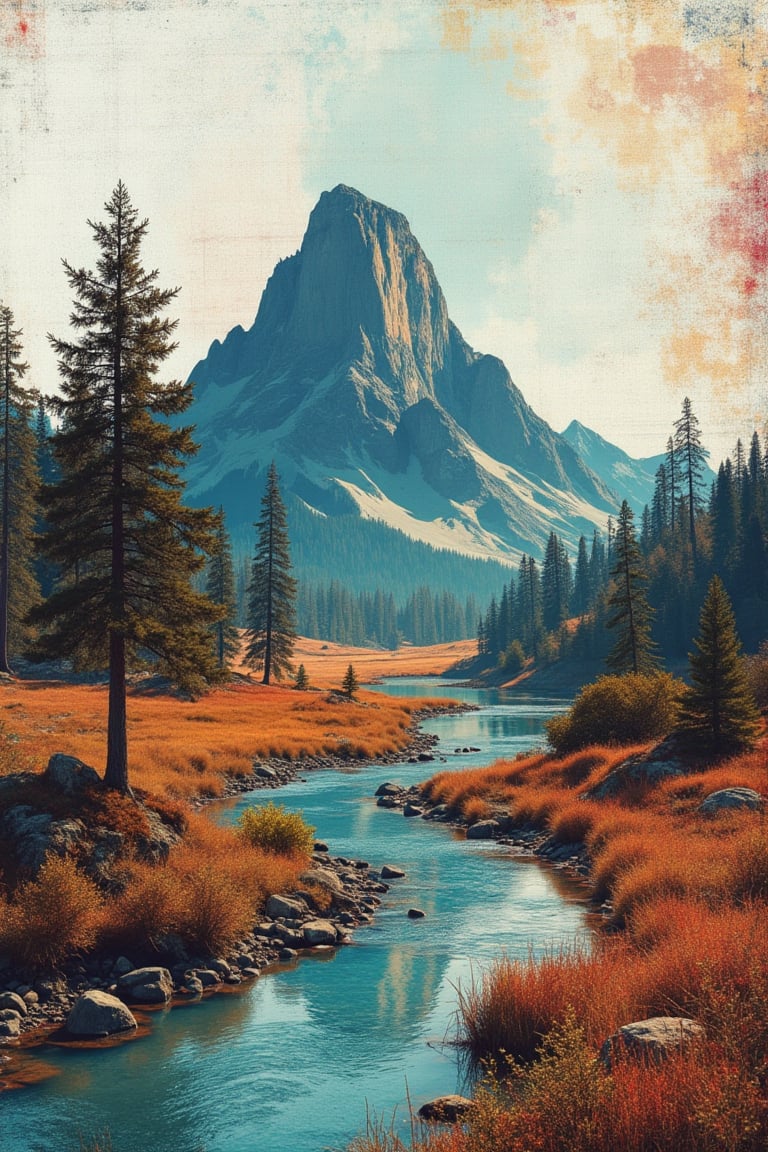 A mixed media landscape featuring a towering mountain, a solitary tree, and a winding river, framed wide-angle with soft, natural lighting. The composition blends digital and traditional elements, with rich textures and vibrant colors, capturing the serene beauty of the scene.