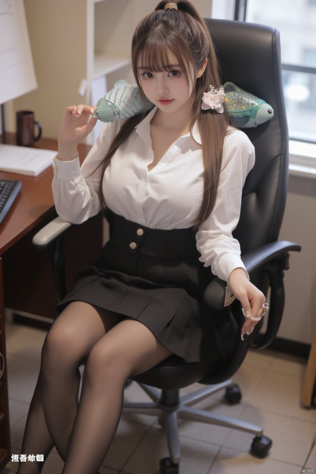 Masterpiece, best quality, amazing details, realistic photos, 1girl, ponytail, high quality fair skin, big breasts, secretary uniform, pencil skirt, (shiny pantyhose), panties, long legs, high heels, sitting, full body, office, computer, office chair, (fish pillow),