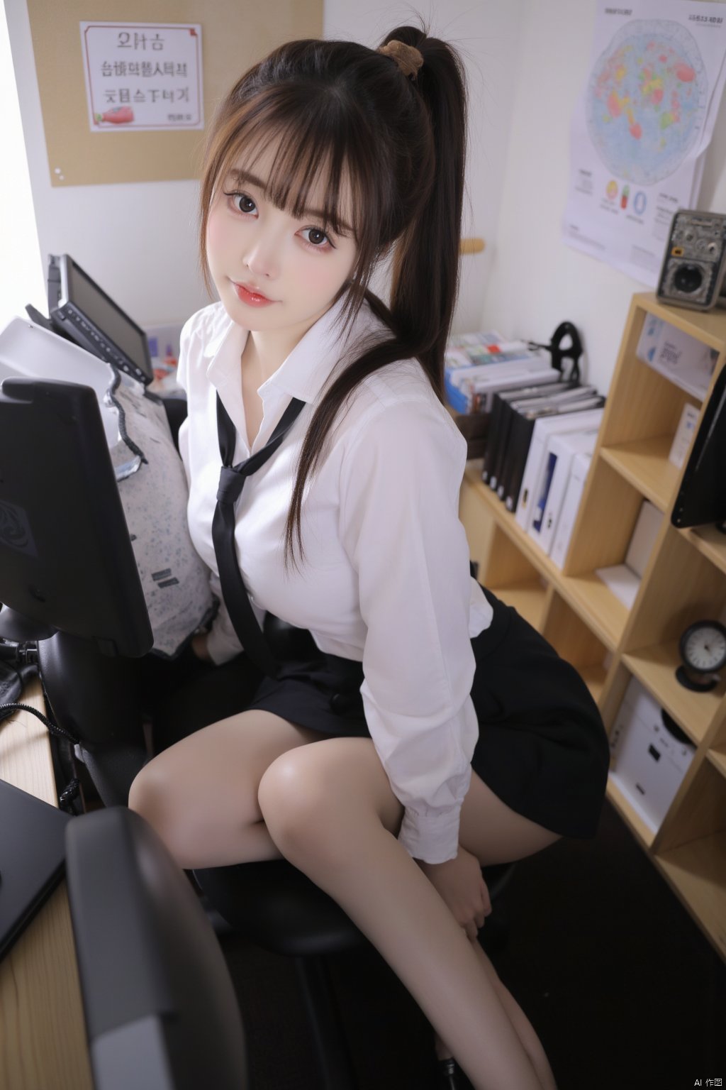 Masterpiece, best quality, amazing details, realistic photos, 1girl, ponytail, high quality fair skin, big breasts, secretary uniform, pencil skirt, (shiny pantyhose), panties, long legs, high heels, sitting, full body, office, computer, office chair, (fish pillow),