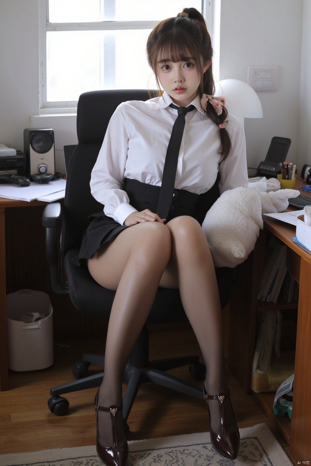 Masterpiece, best quality, amazing details, realistic photos, 1girl, ponytail, high quality fair skin, big breasts, secretary uniform, pencil skirt, (shiny pantyhose), panties, long legs, high heels, sitting, full body, office, computer, office chair, (fish pillow),