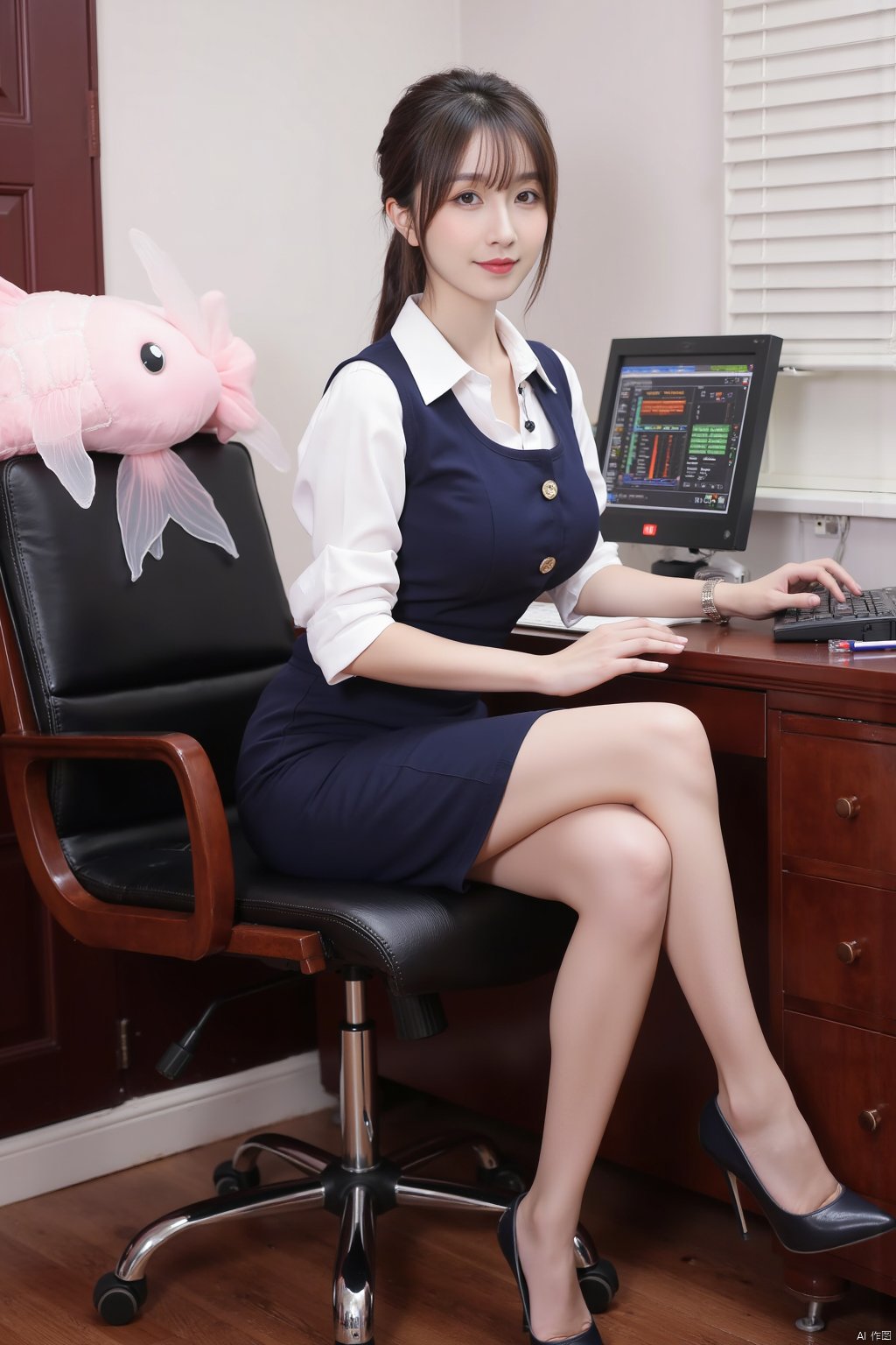 Masterpiece, best quality, amazing details, realistic photos, 1girl, ponytail, high quality fair skin, big breasts, secretary uniform, pencil skirt, (shiny pantyhose), panties, long legs, high heels, sitting, full body, office, computer, office chair, (fish pillow),