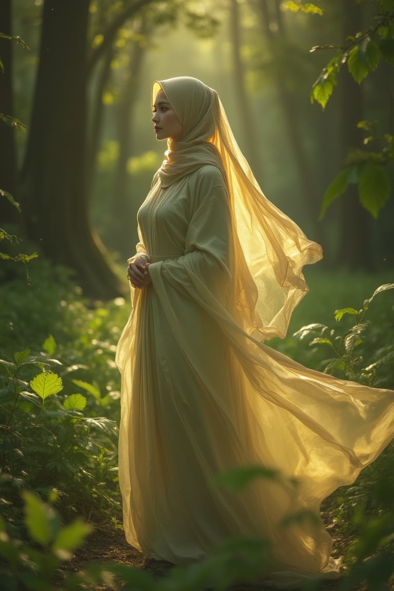 Portrait of a Malay woman in a flowy hijab and abaya, standing in a forest, illuminated by soft, warm lighting. The composition captures her serene expression and the gentle movement of her flowing garments, with the light highlighting the intricate details of the fabric. The background features lush greenery, creating a harmonious blend of nature and culture. The overall mood is peaceful and serene.