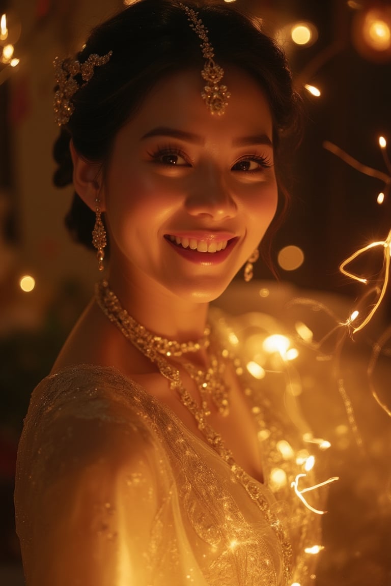 Close-up portrait of a Malay princess in a happy mood, illuminated by soft, warm lighting. The composition focuses on her radiant expression and the intricate details of her traditional attire, with the light gently highlighting her features and the sparkle in her eyes. The background is slightly blurred, drawing attention to the princess's joyful presence. The overall mood is elegant and celebratory.