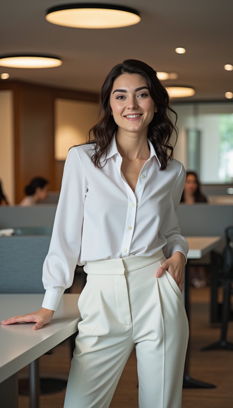 A woman in a crisp white blouse and tailored trousers stands confidently in front of a sleek office bench, her bright smile radiating confidence under the warm glow of fluorescent lighting. Her strong pose exudes assertiveness, with one hand resting lightly on the bench's edge as she gazes directly into the camera lens. 3v3