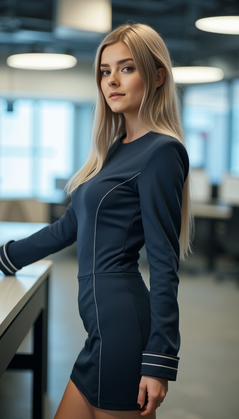 A close-up shot of a single girl, dressed in a crisp office uniform, stands confidently in front of a sleek office bench. The bright fluorescent lighting above casts a warm glow on her professional attire, highlighting the stitching and creases. Her pose is strong and assertive, with one hand resting lightly on the edge of the bench as she looks directly at the camera.,3v3