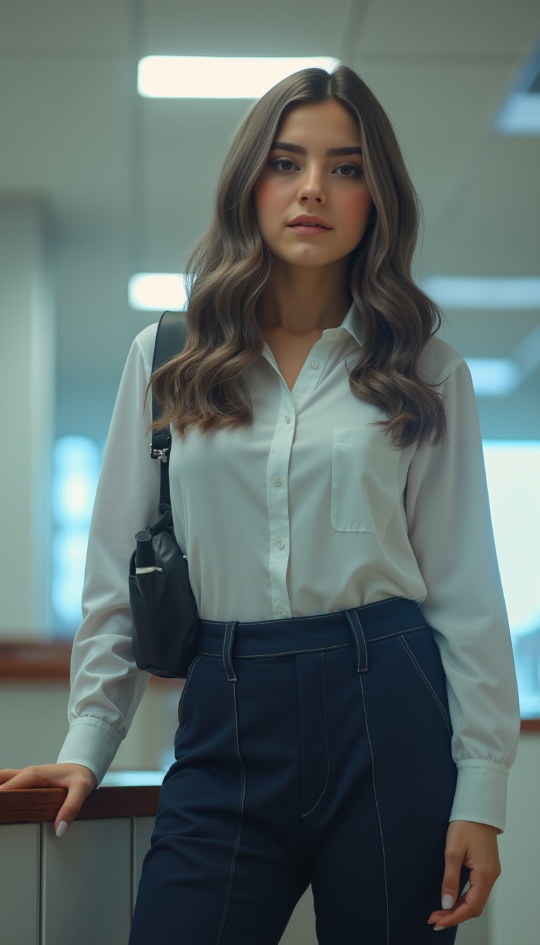 A close-up shot of a single girl, dressed in a crisp office uniform, stands confidently in front of a sleek office bench. The bright fluorescent lighting above casts a warm glow on her professional attire, highlighting the stitching and creases. Her pose is strong and assertive, with one hand resting lightly on the edge of the bench as she looks directly at the camera.,3v3